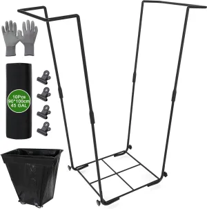 Metal Trash Bag Holder, Outdoor Fall Leaf Bag Holder Stand Garbage Bag Holder Frame Holds 30-45 Gallon Plastic Bags for Lawn Yard Work, Laundry, Parties Camping Trash Can with Gloves and Clips