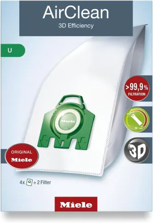 Miele Original AirClean 3D Efficiency U Vacuum Cleaner Bags for Miele Dynamic U1 and S7 Models, Filters More Than 99.9% of Dust, Pack of 4 – 10123230