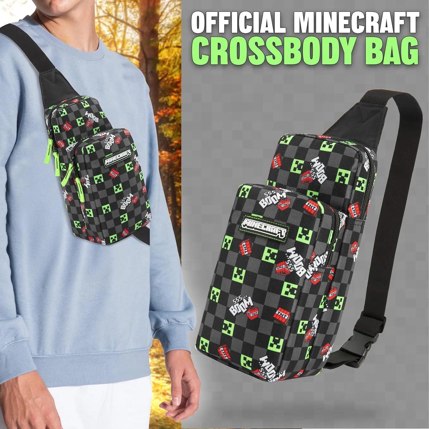 Minecraft Crossbody Bag for Boys Teens Creeper Sling Bag Chest Bag for Travel (Black/Multi)