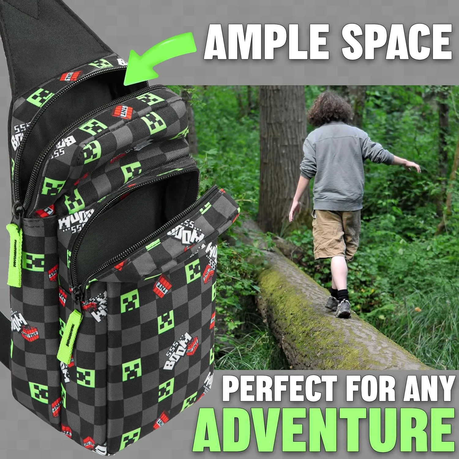 Minecraft Crossbody Bag for Boys Teens Creeper Sling Bag Chest Bag for Travel (Black/Multi)