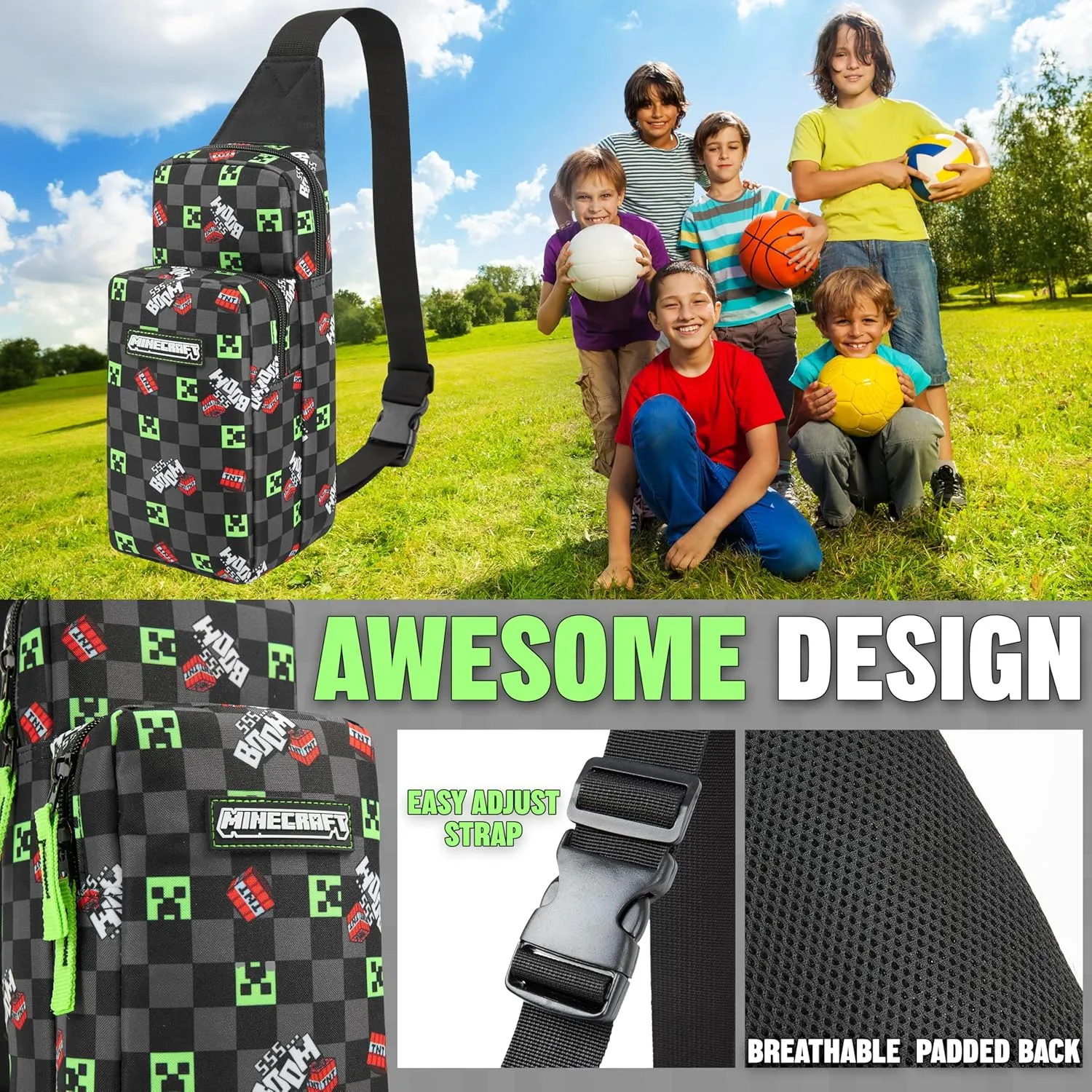 Minecraft Crossbody Bag for Boys Teens Creeper Sling Bag Chest Bag for Travel (Black/Multi)