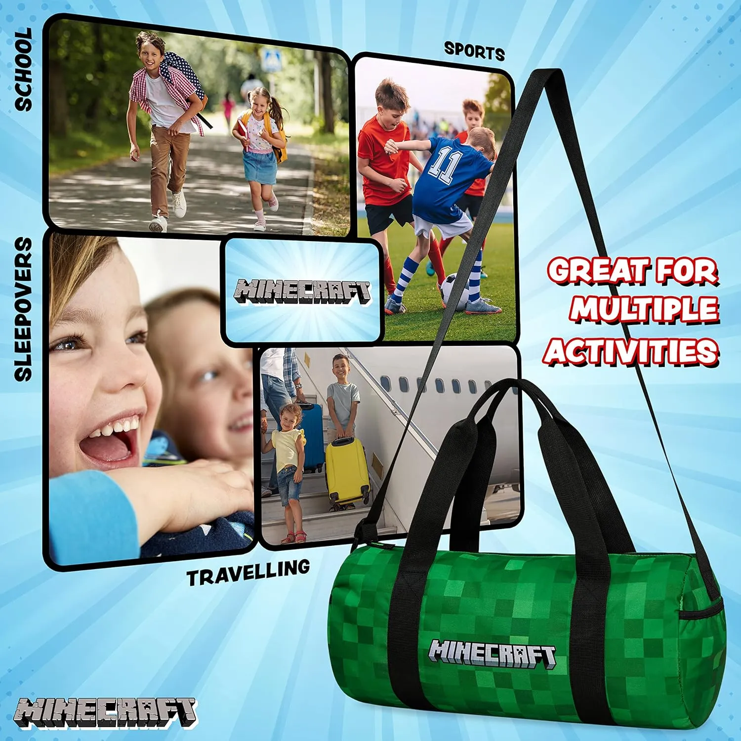 Minecraft Gym Bag for Kids Teens Duffle Bag Travel Overnight Sports Creeper Weekender Bag Carry On Holdall (Green, 16.14x7.08x7.48inches)
