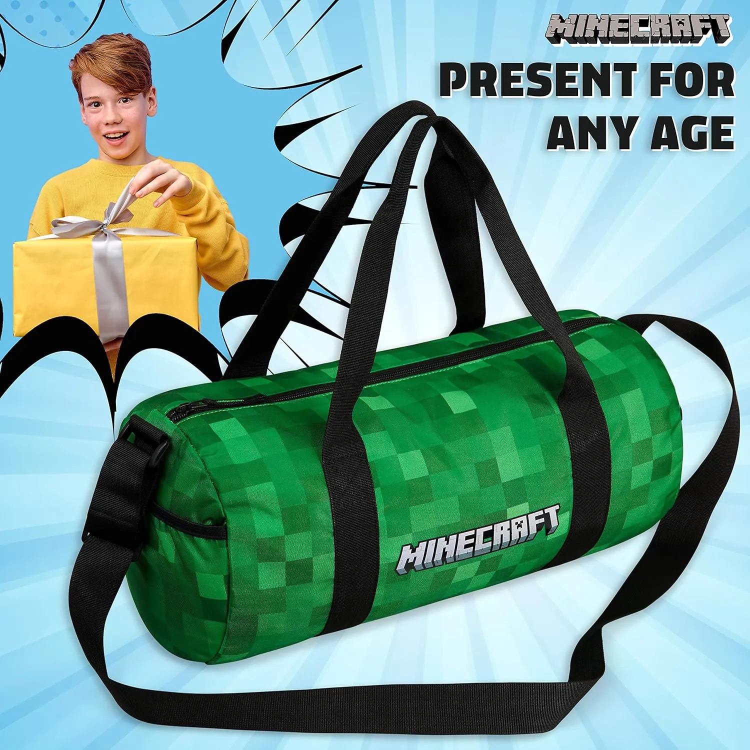 Minecraft Gym Bag for Kids Teens Duffle Bag Travel Overnight Sports Creeper Weekender Bag Carry On Holdall (Green, 16.14x7.08x7.48inches)