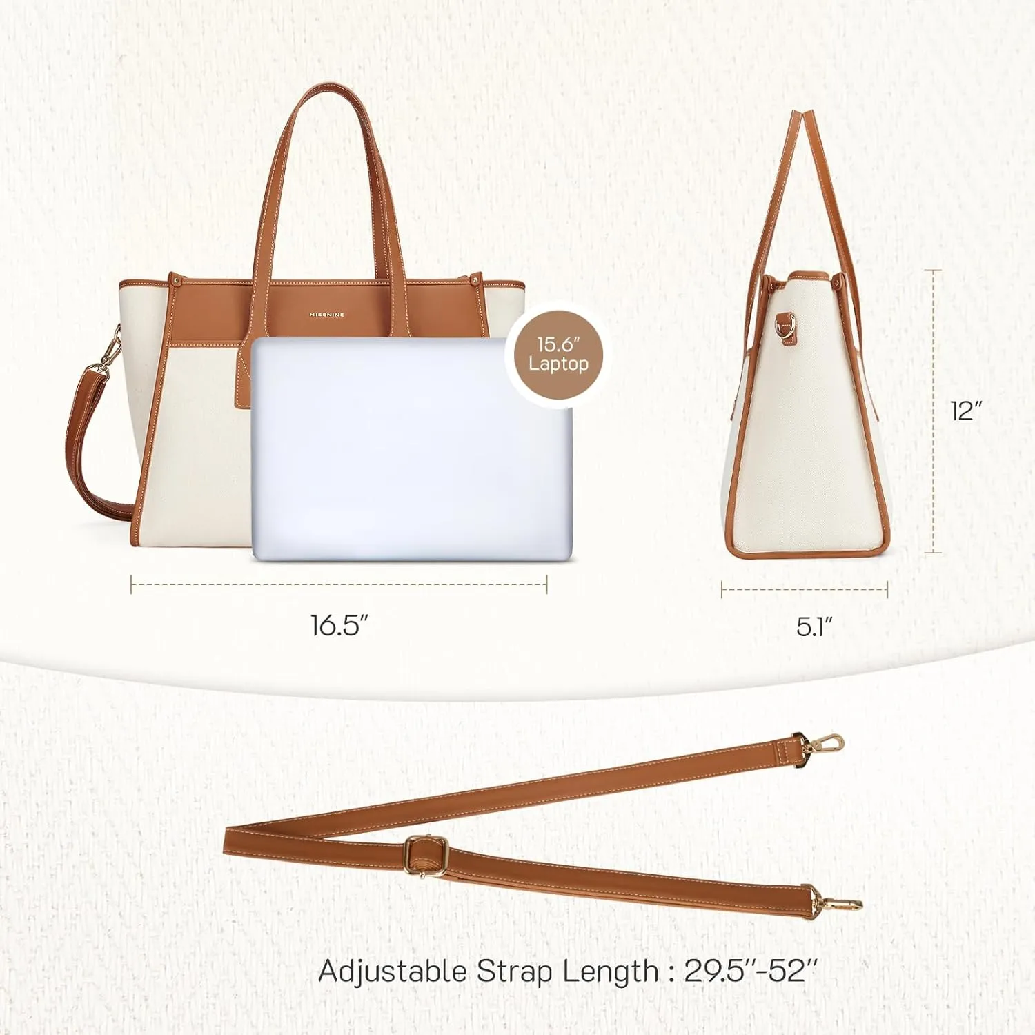 Missnine Tote Bag Canvas Laptop Bag 15.6 inch Work Bags for Women 16.5″L×5.1″W×12.5″H Teacher Bag Casual Computer Shoulder Purse for Office, College, Travel