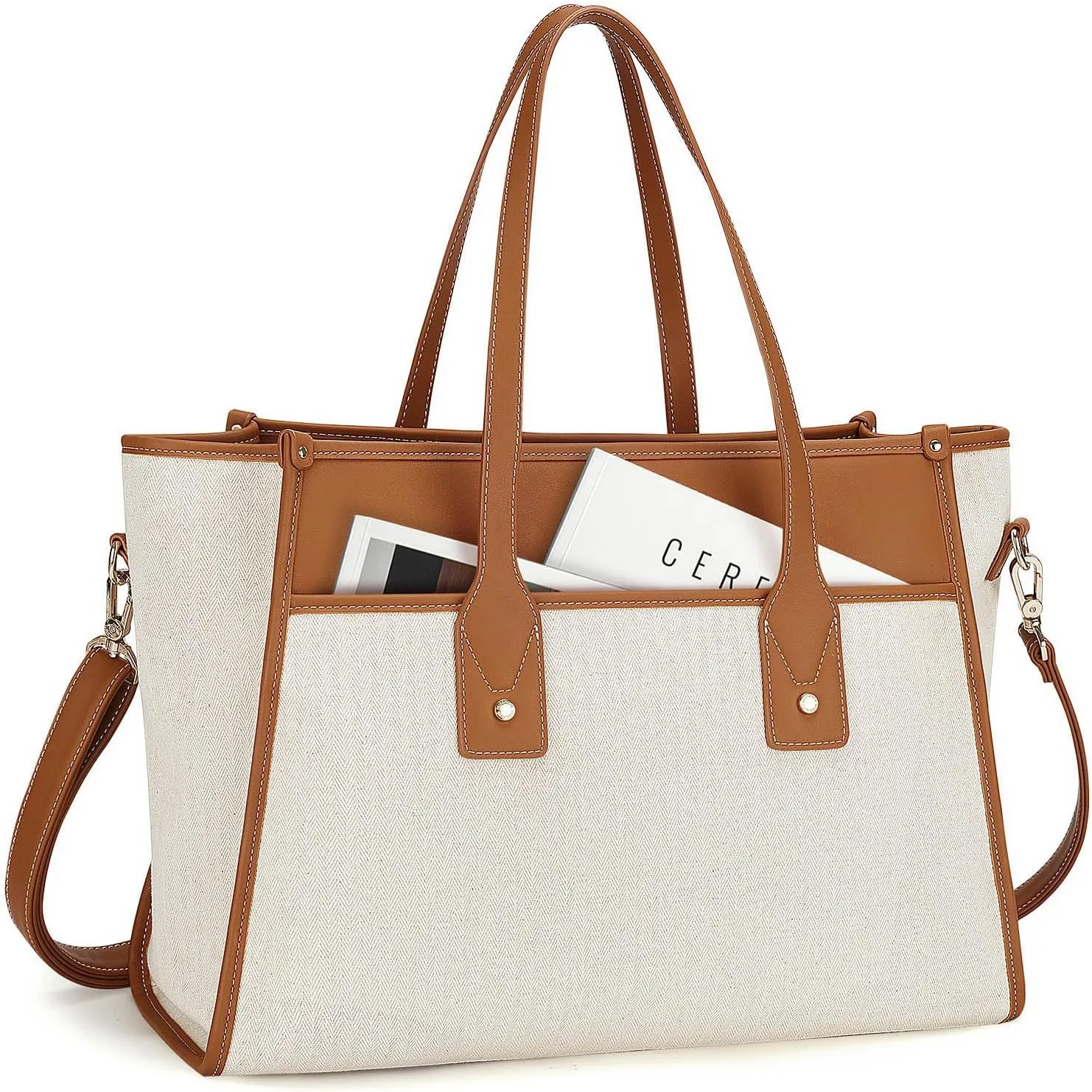 Missnine Tote Bag Canvas Laptop Bag 15.6 inch Work Bags for Women 16.5″L×5.1″W×12.5″H Teacher Bag Casual Computer Shoulder Purse for Office, College, Travel