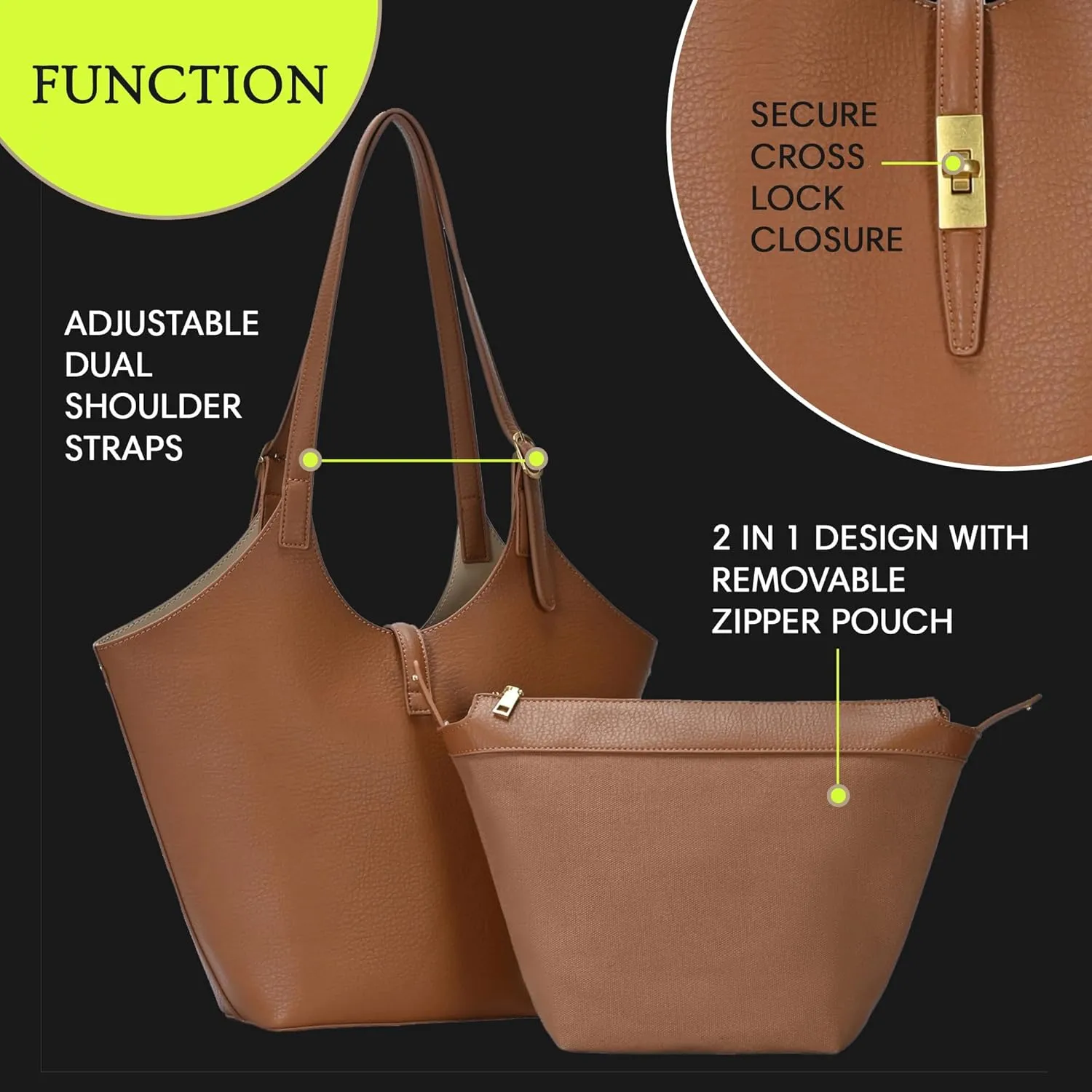 Miztique - Isabelle 2 in 1 Scoop Neck Tote | Vegan Leather Tote Bag for women with secure removable zipper pouch|