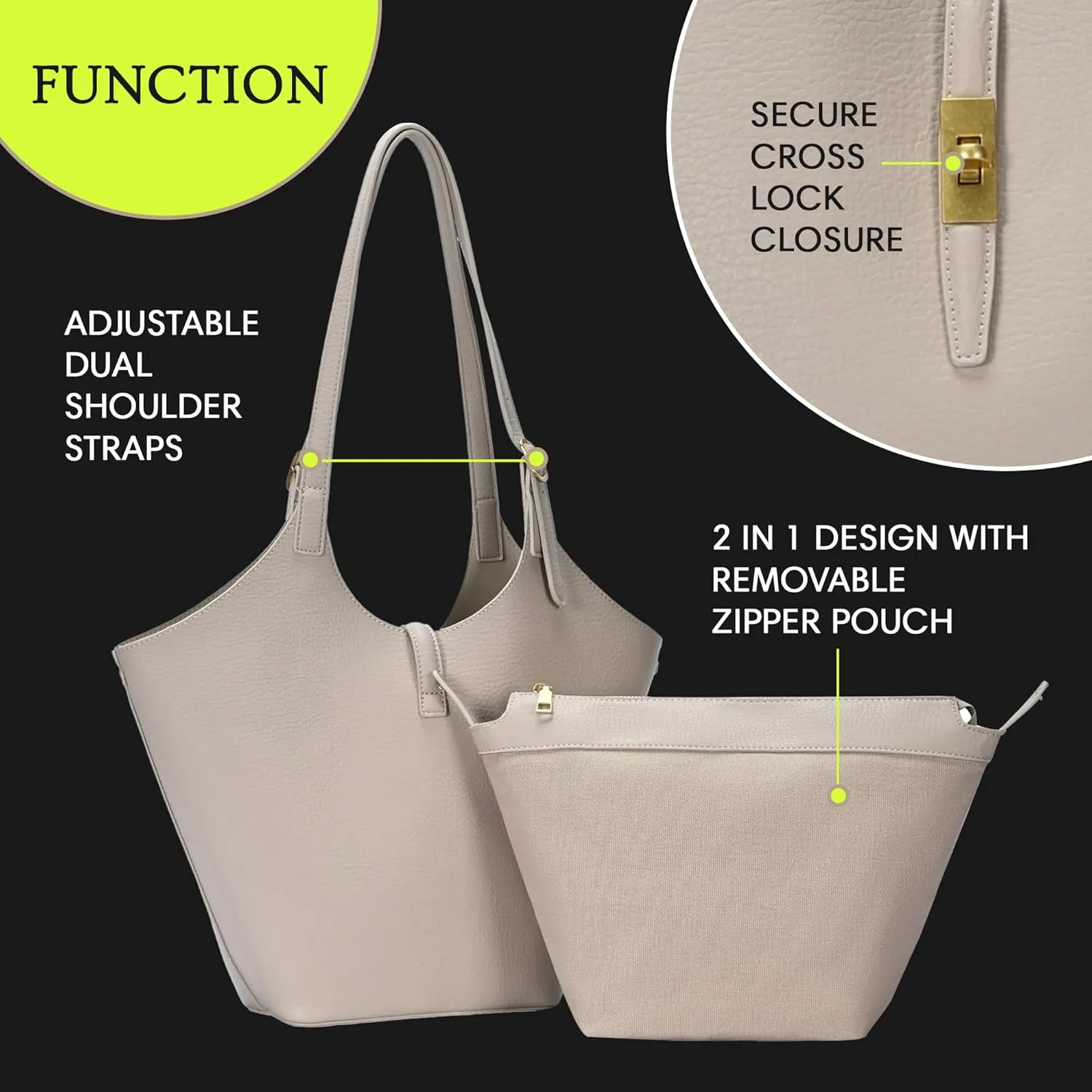 Miztique - Isabelle 2 in 1 Scoop Neck Tote | Vegan Leather Tote Bag for women with secure removable zipper pouch|