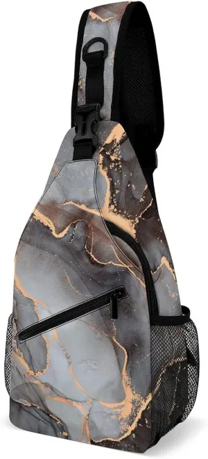 MoBlinko Sling Bag Natural Fluid Marble Women Men Crossbody Sling Backpack Translucent Metallic Swirls Adjustable Chest Shoulder Daypack Chest Bag for Hiking Cycling Travel Gift
