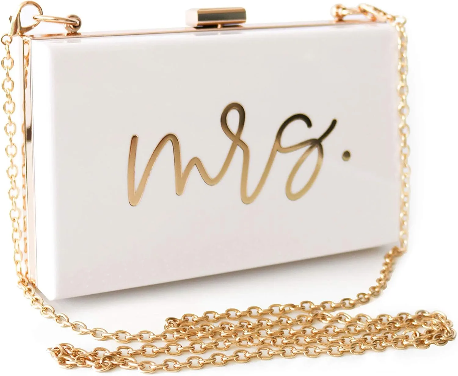 ModParty Mrs Acrylic Clutch Purse | Bridal Shower, Engagement, & Honeymoon Gift | Bride to Be Accessory | Crossbody with Removable Chain | White and Gold