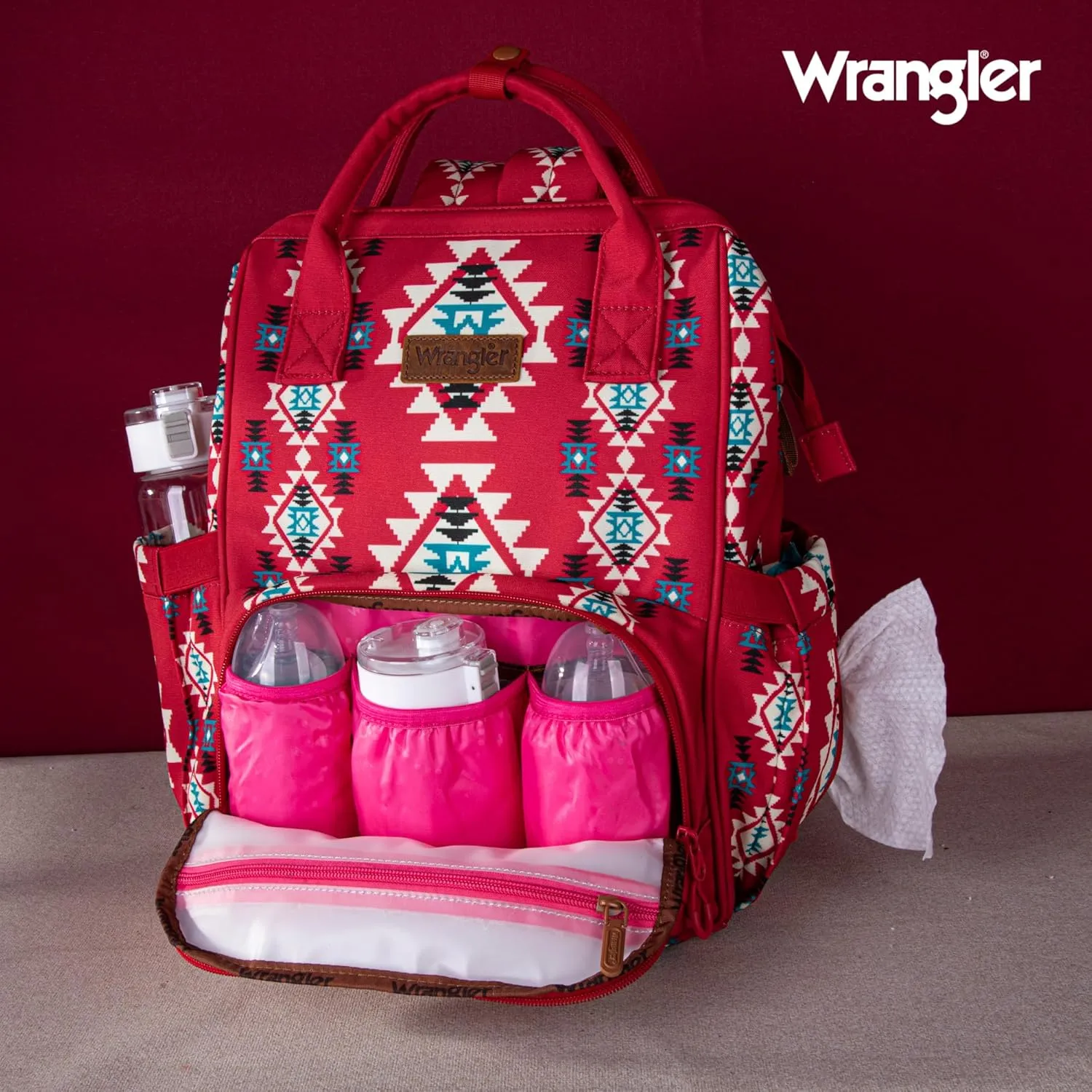 Montana West x Wrangler Diaper Bag Backpack Aztec Travel Backpack Purses Western Multi-Function Baby Bags for Mom with Waterproof Insulated Pockets