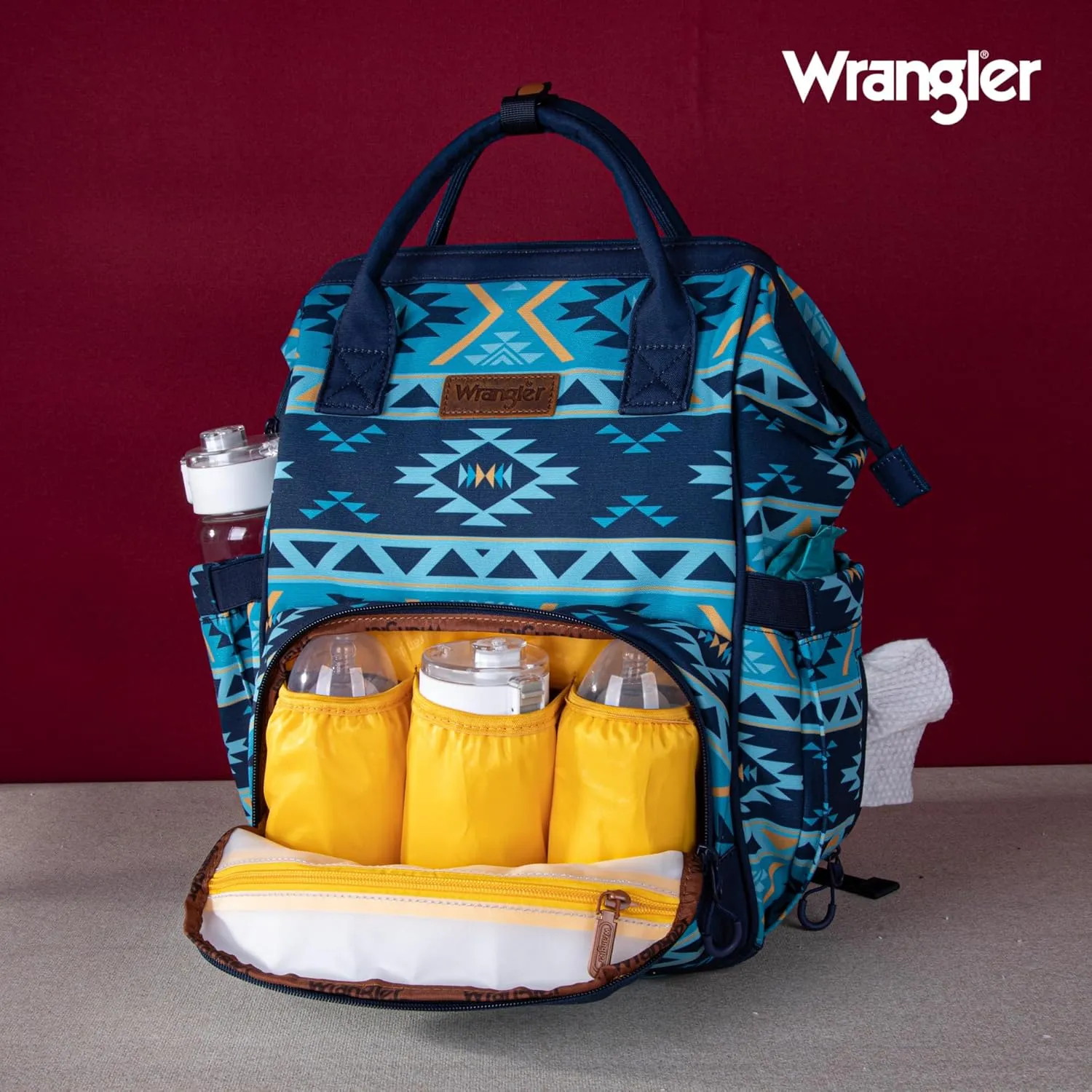 Montana West x Wrangler Diaper Bag Backpack Aztec Travel Backpack Purses Western Multi-Function Baby Bags for Mom with Waterproof Insulated Pockets