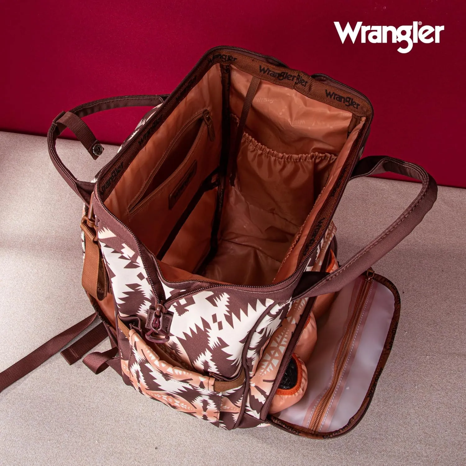 Montana West x Wrangler Diaper Bag Backpack Aztec Travel Backpack Purses Western Multi-Function Baby Bags for Mom with Waterproof Insulated Pockets