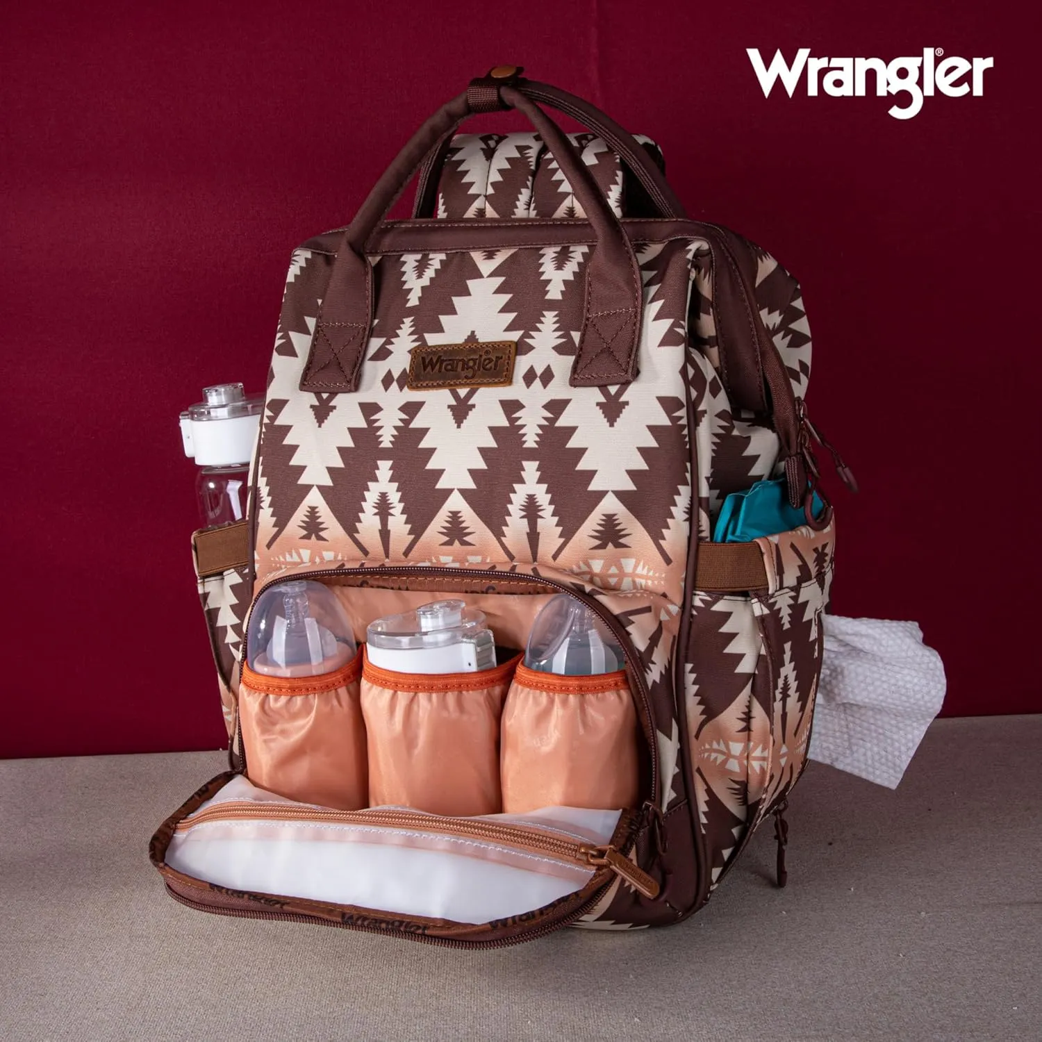 Montana West x Wrangler Diaper Bag Backpack Aztec Travel Backpack Purses Western Multi-Function Baby Bags for Mom with Waterproof Insulated Pockets