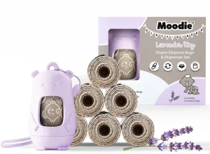 Moodie Disposable Diaper Bags Dispenser COMBO PACK |105 LAVENDER SCENTED Baby Poop Bags TOTAL & 1 Diaper Disposal Bag Dispenser | Dirty Diaper Trash Bags on the Go