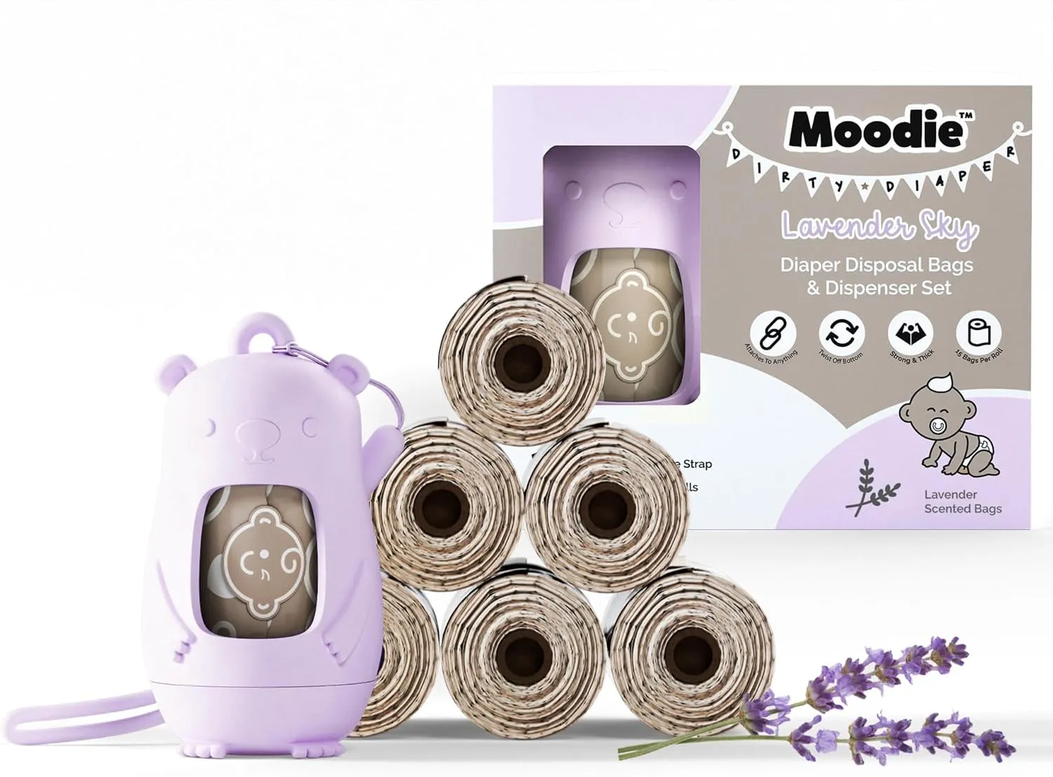 Moodie Disposable Diaper Bags Dispenser COMBO PACK |105 LAVENDER SCENTED Baby Poop Bags TOTAL & 1 Diaper Disposal Bag Dispenser | Dirty Diaper Trash Bags on the Go