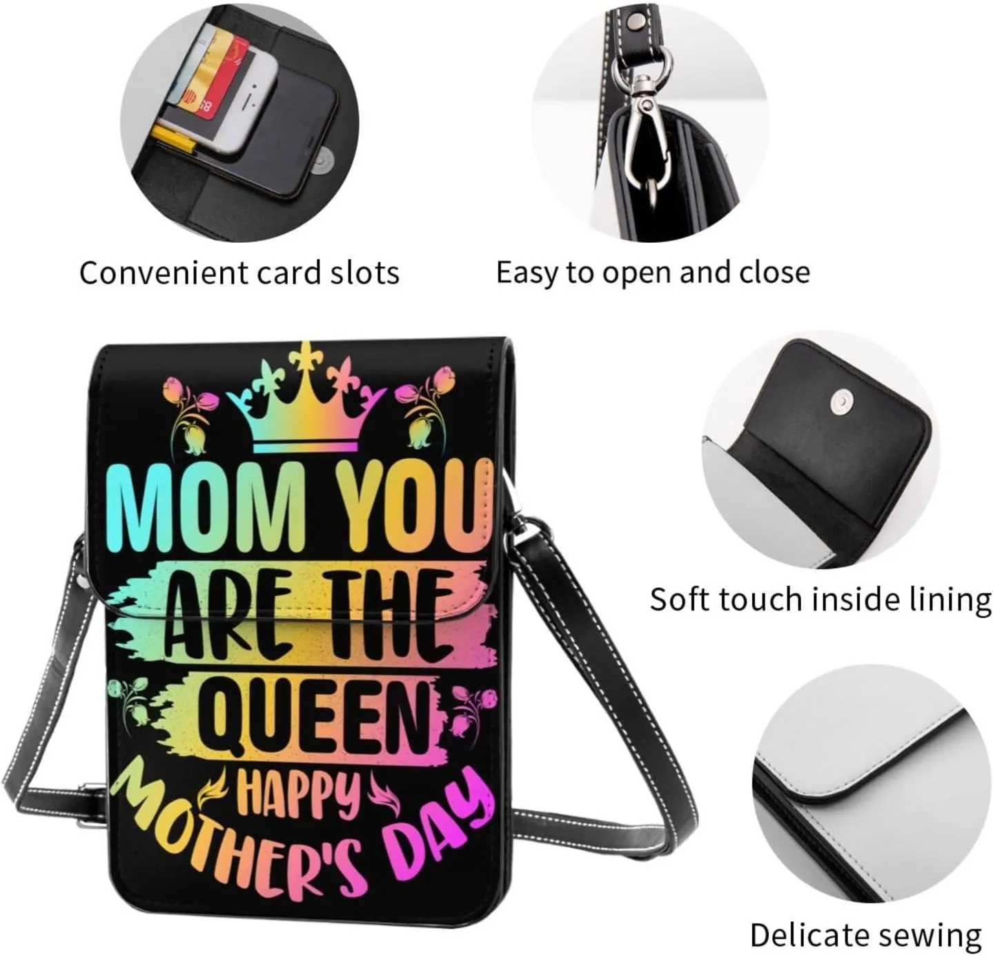 Mother's Day Floral Hearts Leather Crossbody Cell Phone Purse Small Wallet Bags Adjustable Phone Bag for Women