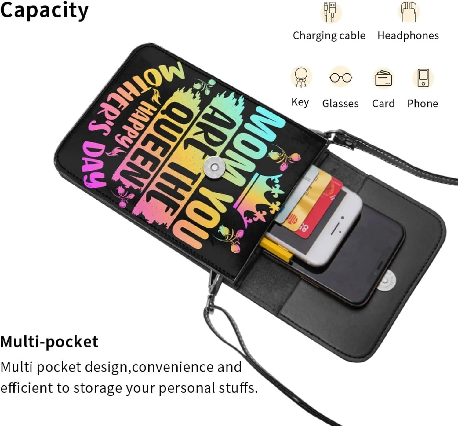 Mother's Day Floral Hearts Leather Crossbody Cell Phone Purse Small Wallet Bags Adjustable Phone Bag for Women