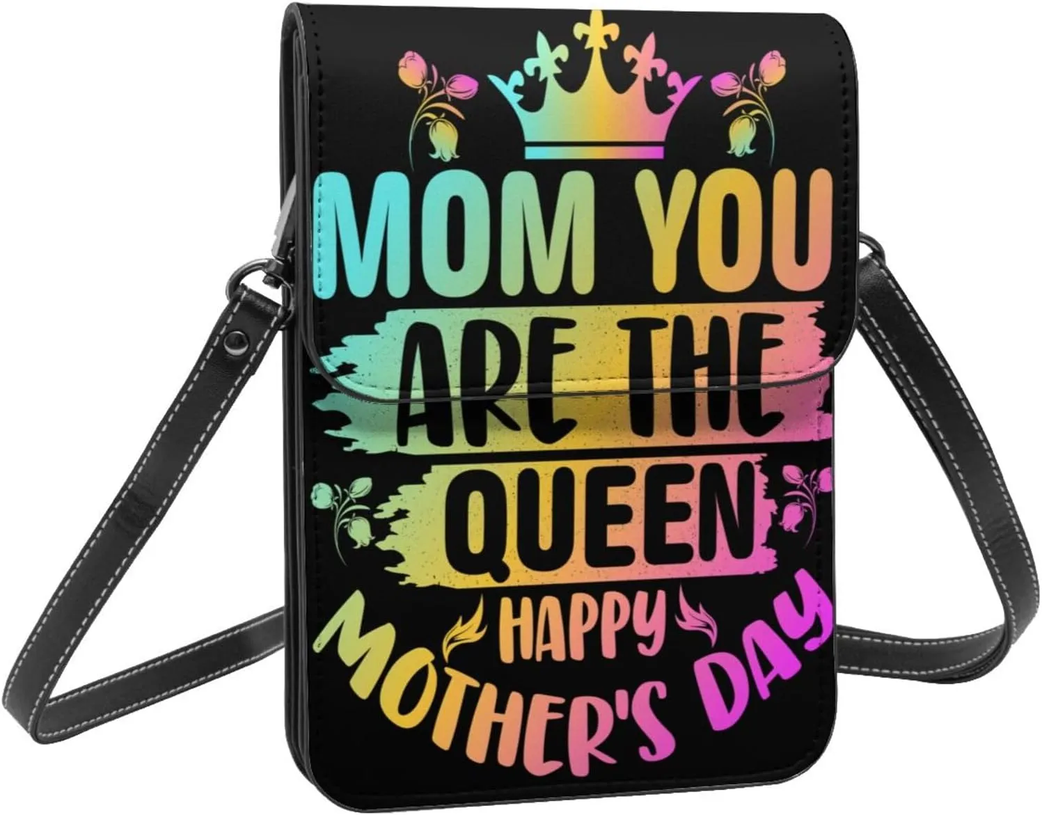 Mother's Day Floral Hearts Leather Crossbody Cell Phone Purse Small Wallet Bags Adjustable Phone Bag for Women