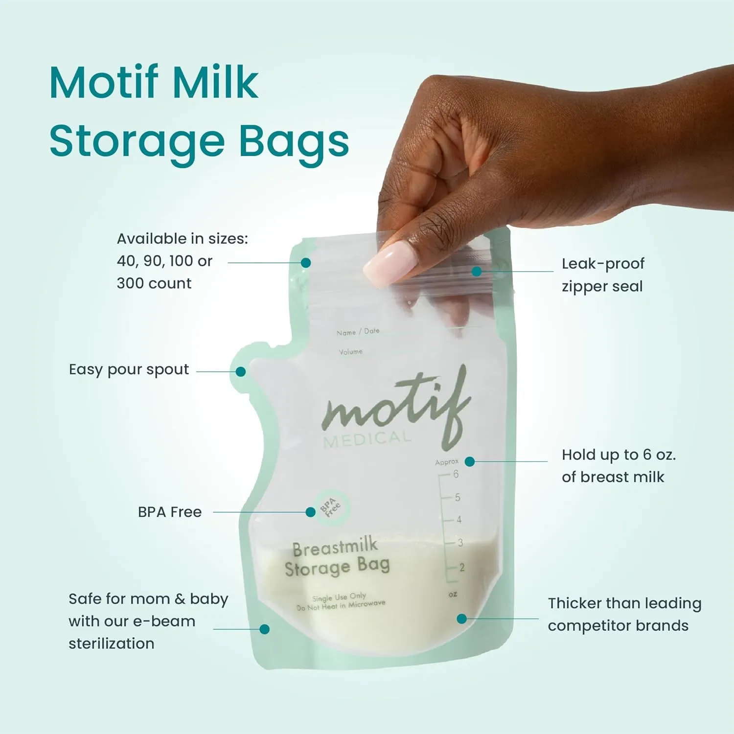 Motif Medical Breastmilk Storage Bags - Breastmilk Freezer Bags w/Easy Pour Spout, Write-On Label - Leak-Proof Double Zipper Milk Bags for Breastmilk - Breastfeeding Mom Gifts (6 oz, 100 Count)