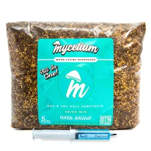 Mycelium Mushroom Growing Kit, King Trumpet Gourmet I Oak & Soy Hull Substrate I High Yield Proprietary Mix I Sterile Grow Bag with 20ml Liquid Culture Syringe for Starter & Pro Home Growers, 5lbs