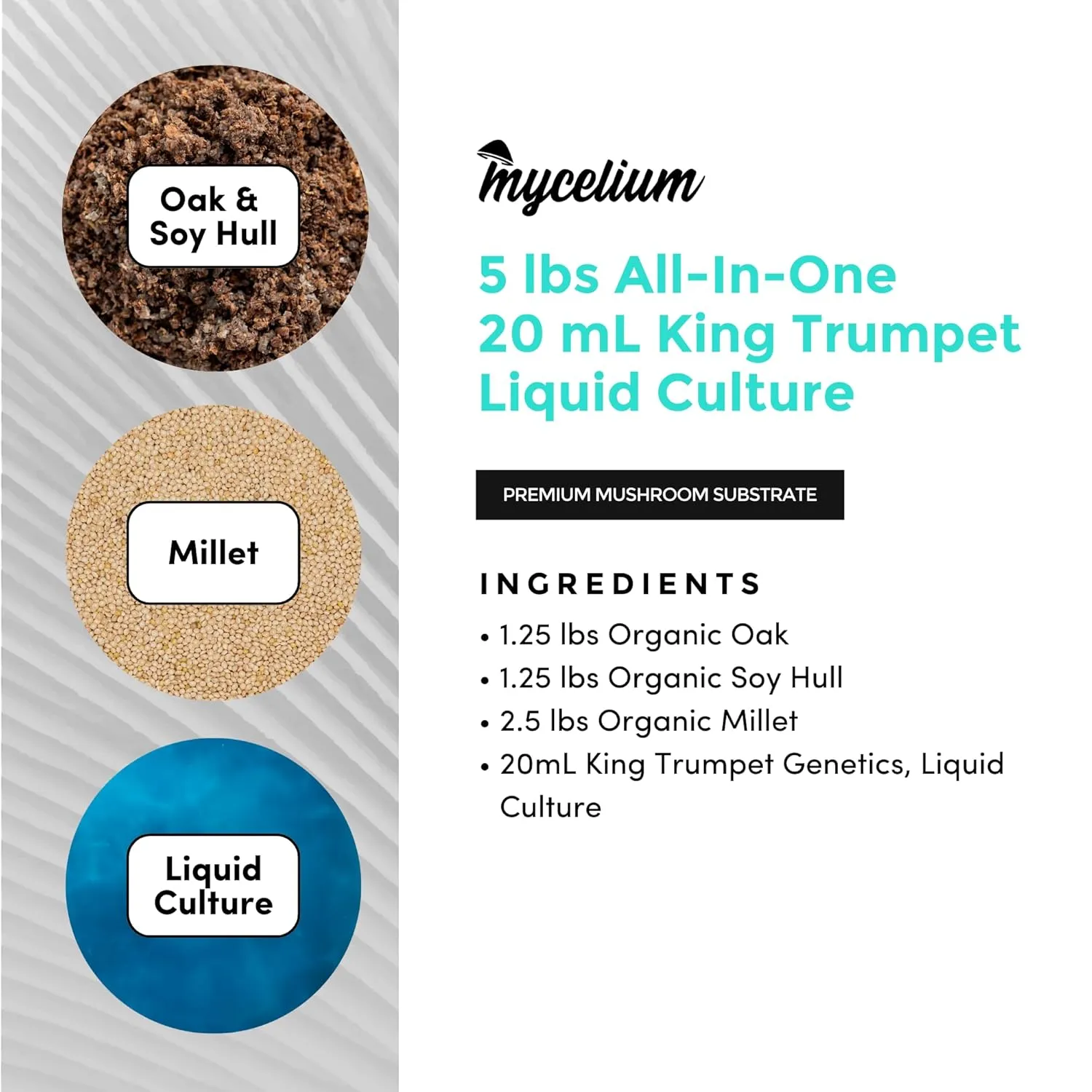 Mycelium Mushroom Growing Kit, King Trumpet Gourmet I Oak & Soy Hull Substrate I High Yield Proprietary Mix I Sterile Grow Bag with 20ml Liquid Culture Syringe for Starter & Pro Home Growers, 5lbs