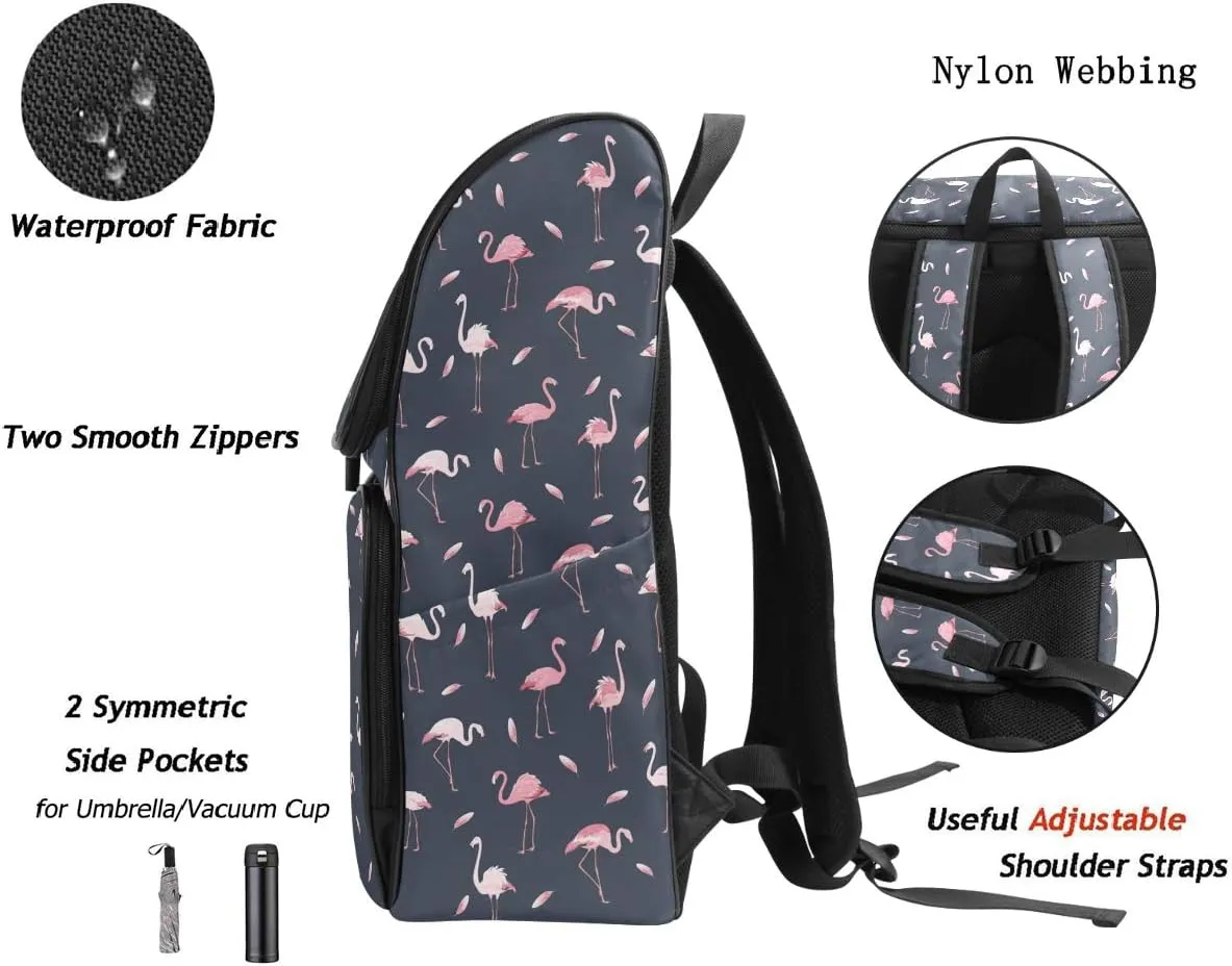Naanle Stylish Tropical Pink Flamingo Feathers Casual Daypack College Students Multipurpose Backpack Large Travel Hiking Bags Computer Bag for Men Women