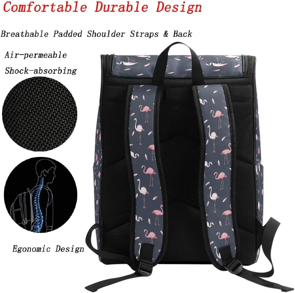 Naanle Stylish Tropical Pink Flamingo Feathers Casual Daypack College Students Multipurpose Backpack Large Travel Hiking Bags Computer Bag for Men Women
