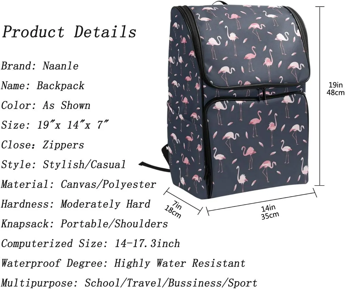 Naanle Stylish Tropical Pink Flamingo Feathers Casual Daypack College Students Multipurpose Backpack Large Travel Hiking Bags Computer Bag for Men Women