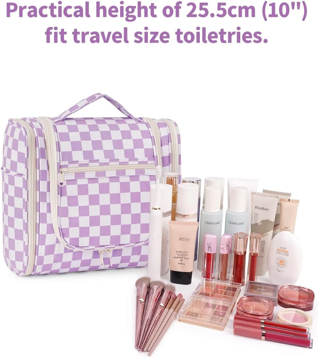 Narwey Checked Hanging Travel Toiletry Bag for Women, Travel Bag for Toiletries, Makeup Bag Organizer Cosmetic Bags Make Up Bags for Women (Purple Checkerboard)