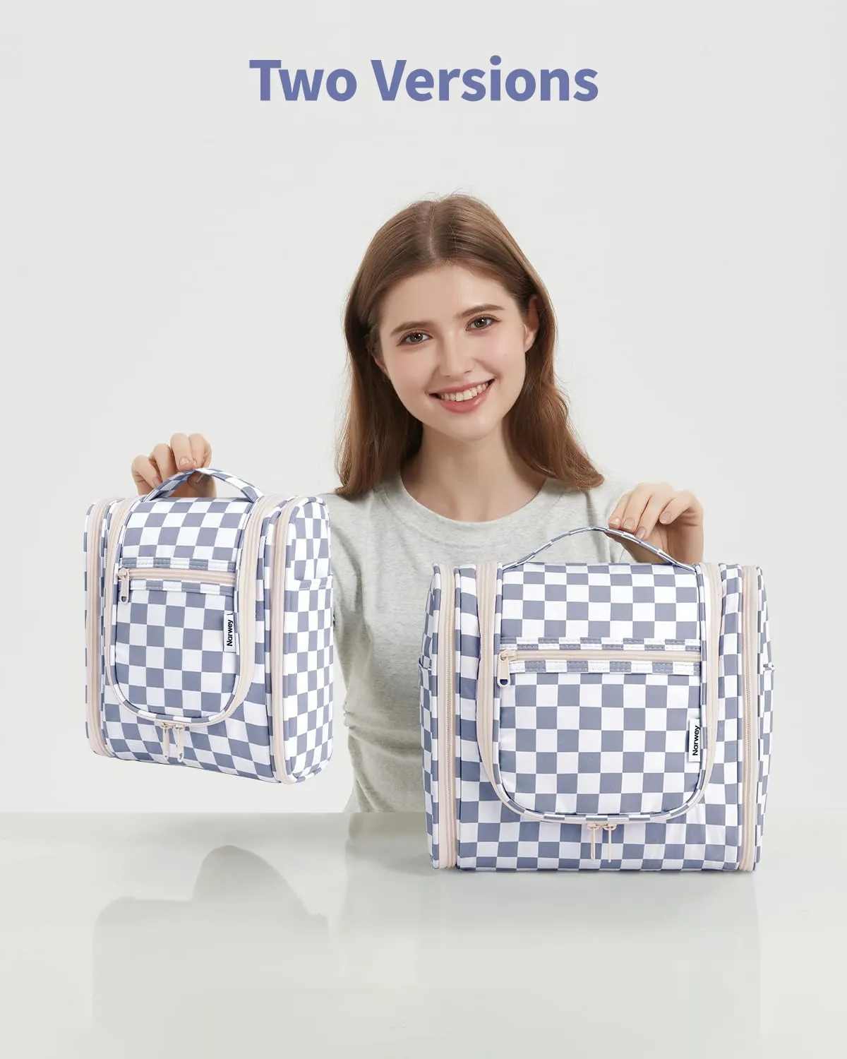Narwey Small Checked Hanging Travel Toiletry Bag for Women, Travel Bag for Toiletries, Makeup Bag Organizer Cosmetic Bags Make Up Bags for Women (Grayish Blue Checkerboard)