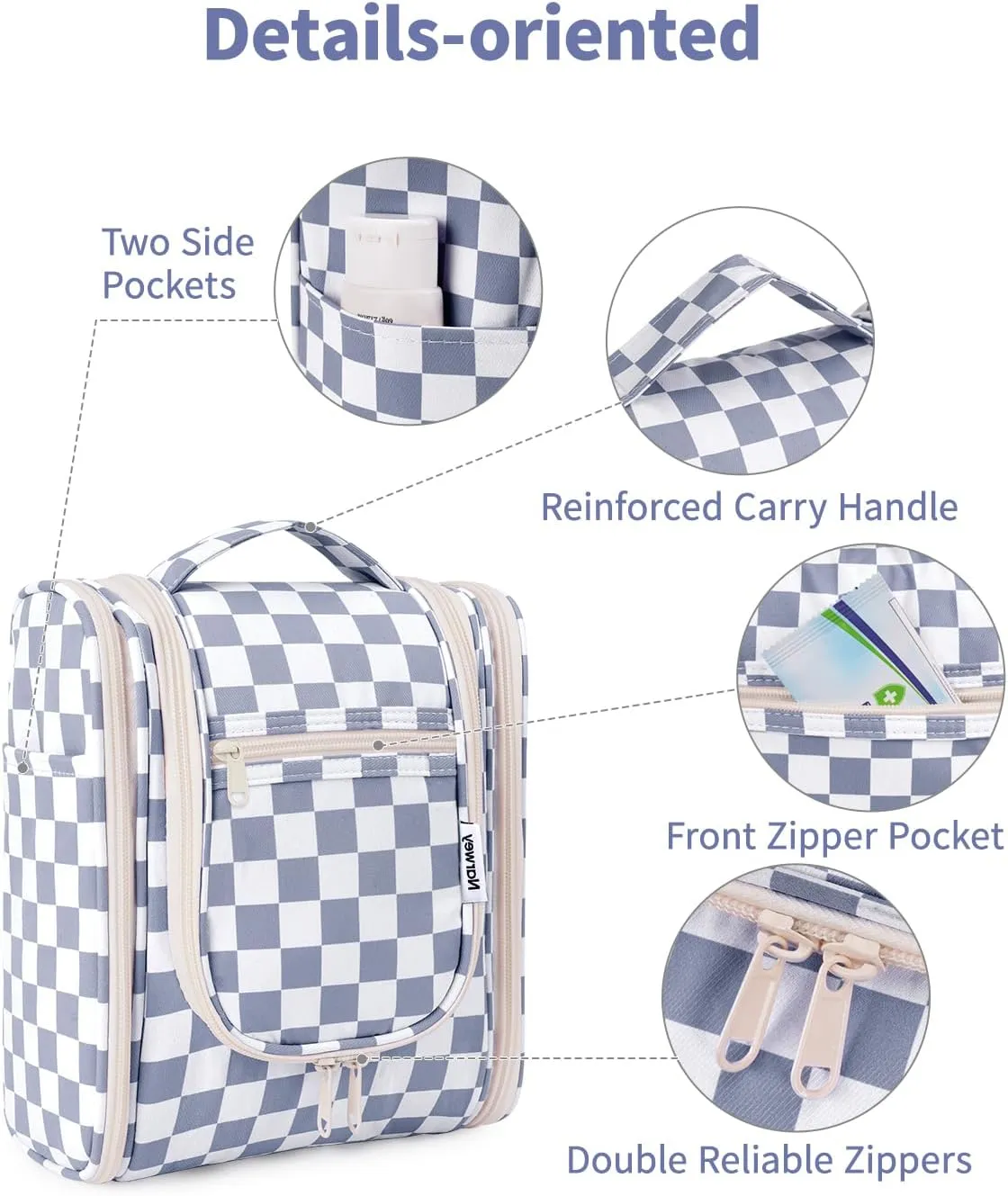Narwey Small Checked Hanging Travel Toiletry Bag for Women, Travel Bag for Toiletries, Makeup Bag Organizer Cosmetic Bags Make Up Bags for Women (Grayish Blue Checkerboard)
