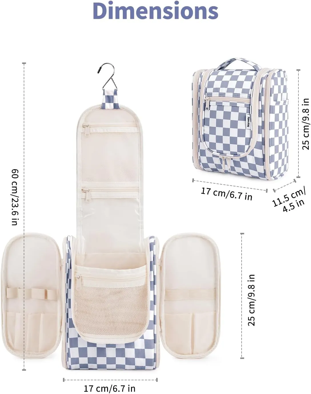 Narwey Small Checked Hanging Travel Toiletry Bag for Women, Travel Bag for Toiletries, Makeup Bag Organizer Cosmetic Bags Make Up Bags for Women (Grayish Blue Checkerboard)