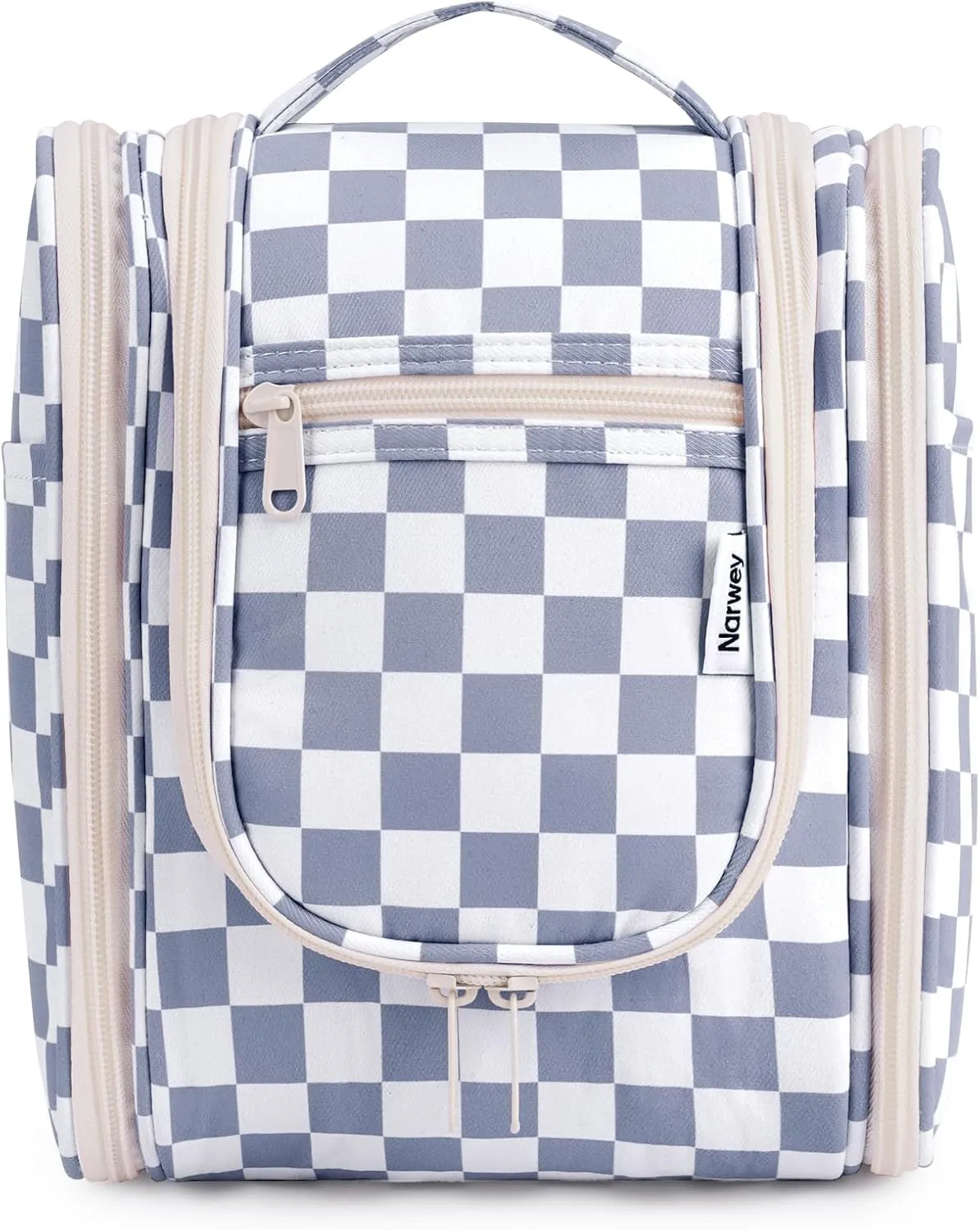 Narwey Small Checked Hanging Travel Toiletry Bag for Women, Travel Bag for Toiletries, Makeup Bag Organizer Cosmetic Bags Make Up Bags for Women (Grayish Blue Checkerboard)