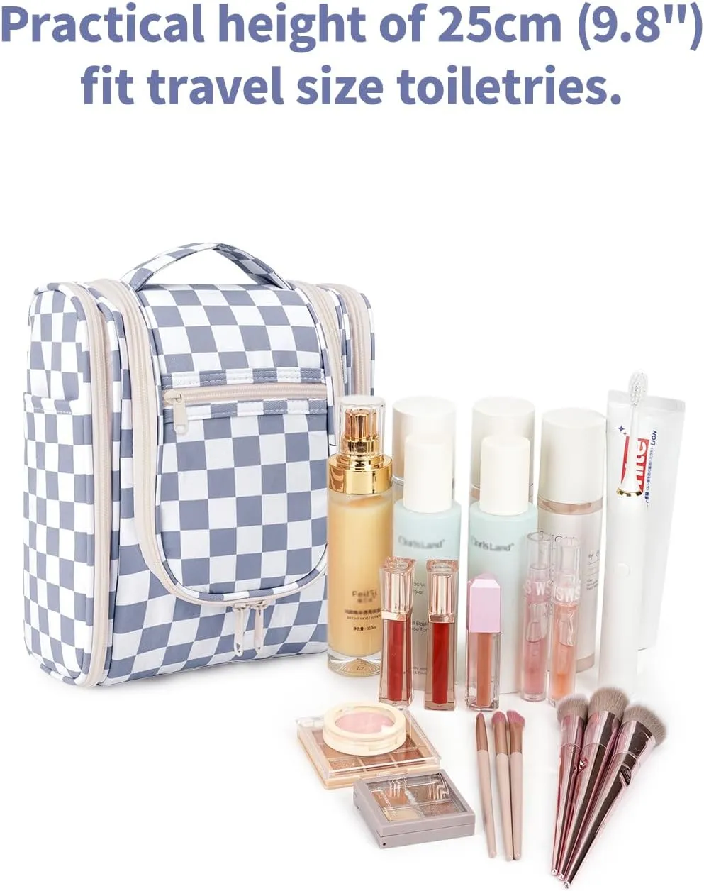 Narwey Small Checked Hanging Travel Toiletry Bag for Women, Travel Bag for Toiletries, Makeup Bag Organizer Cosmetic Bags Make Up Bags for Women (Grayish Blue Checkerboard)