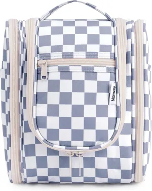 Narwey Small Checked Hanging Travel Toiletry Bag for Women, Travel Bag for Toiletries, Makeup Bag Organizer Cosmetic Bags Make Up Bags for Women (Grayish Blue Checkerboard)