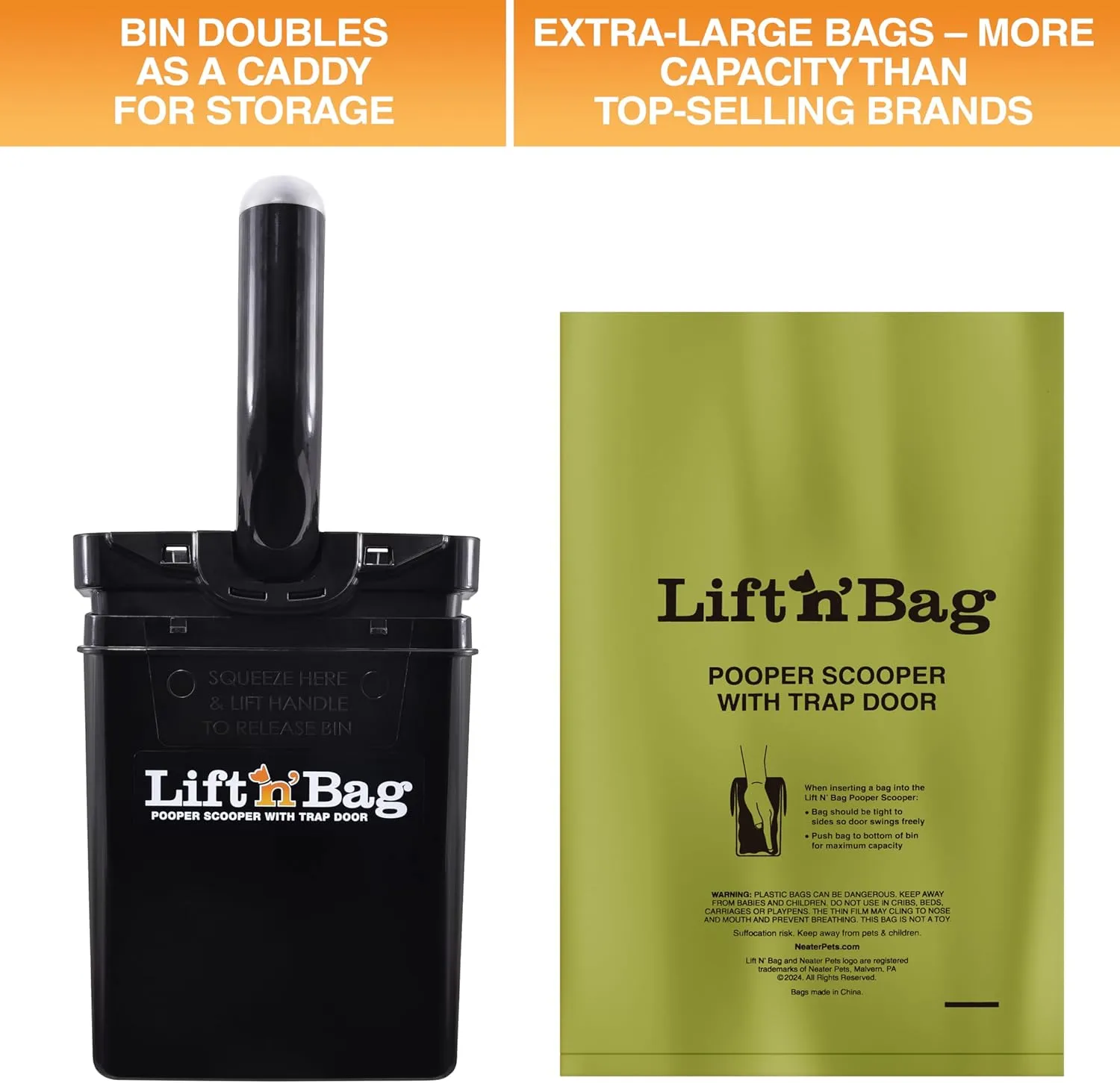 Neater Pets Lift N’ Bag Trap Door Dog Pooper Scooper with Bag Attachment for Small to Large Breeds - 15 Refill Bags - Heavy Duty Dog Poop Scooper for Yard & Walks, One-Handed Operation, Direct to Bag