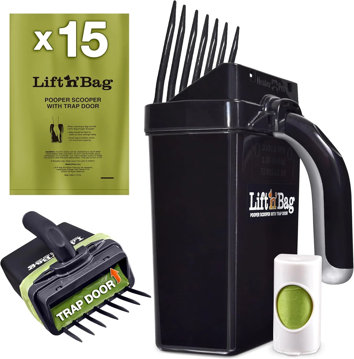 Neater Pets Lift N’ Bag Trap Door Dog Pooper Scooper with Bag Attachment for Small to Large Breeds - 15 Refill Bags - Heavy Duty Dog Poop Scooper for Yard & Walks, One-Handed Operation, Direct to Bag
