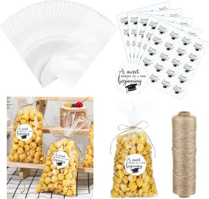 Newtay 100 Set Graduation Popcorn Bags with a Sweet Ending to a New Beginning Sticker 328 ft Twine Graduates Treat Candy 2025 Plastic Clear Goodies Wrapping Bags Bulk for Cookie Gift Party Favor