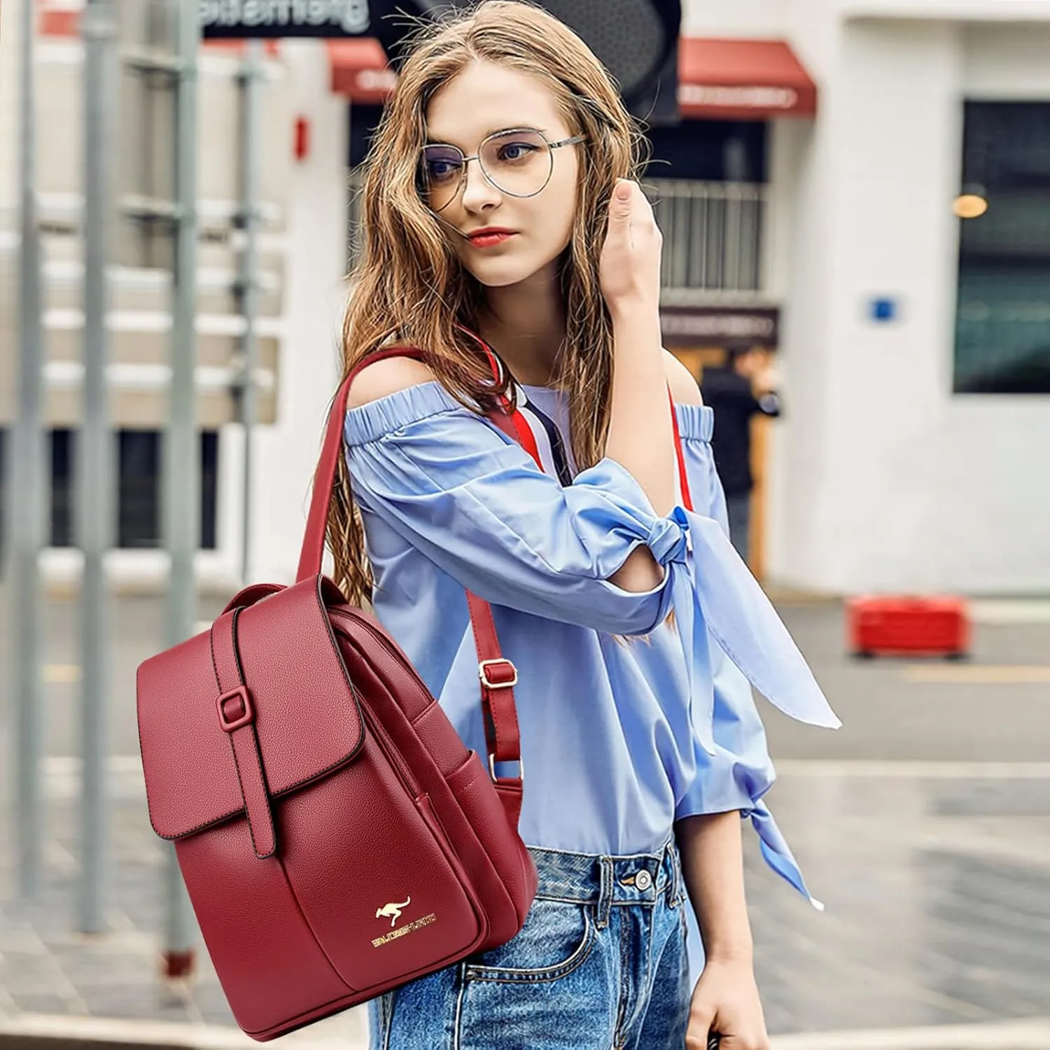 NICOLE & DORIS Fashion Daypacks Backpacks for Women Waterproof Rucksack PU Leather Shoulder Bags Handbag Anti-theft Mini Backpack Travel Backpack with Flap Red