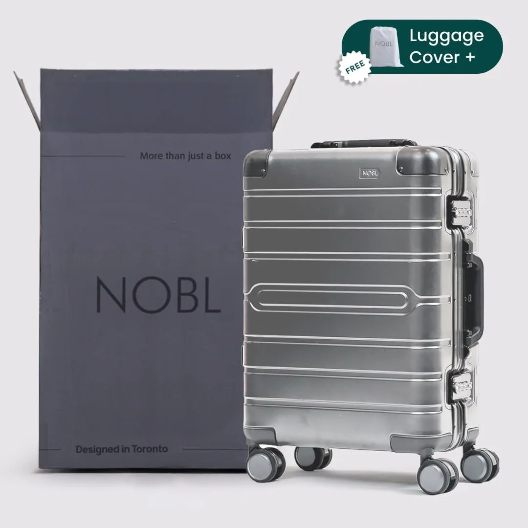 Nobl Travel Carry On Luggage, Noble Zipperless Aluminum Suitcase, 24x16.3x11 Airline Approved, Aluminum Metal Hardside Shell & Frame, 360° Spinner Wheels, TSA Locks, Interior Compression –Silver