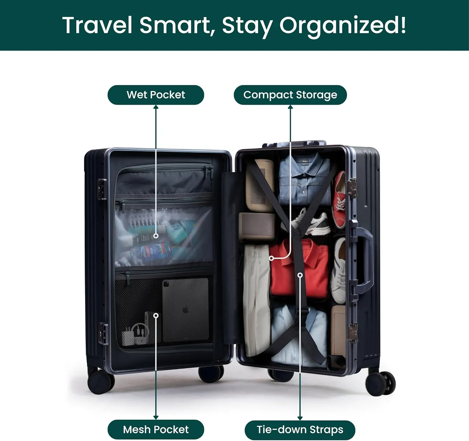 Nobl Travel Zipperless Check In Suitcase - Aluminum Frame, Check In luggage 30.25x20x12 Airline Approved by Noble Travel - Unbreakable Polycarbonate Shell - Dual TSA Locks, 360° Spinner Wheels - Black