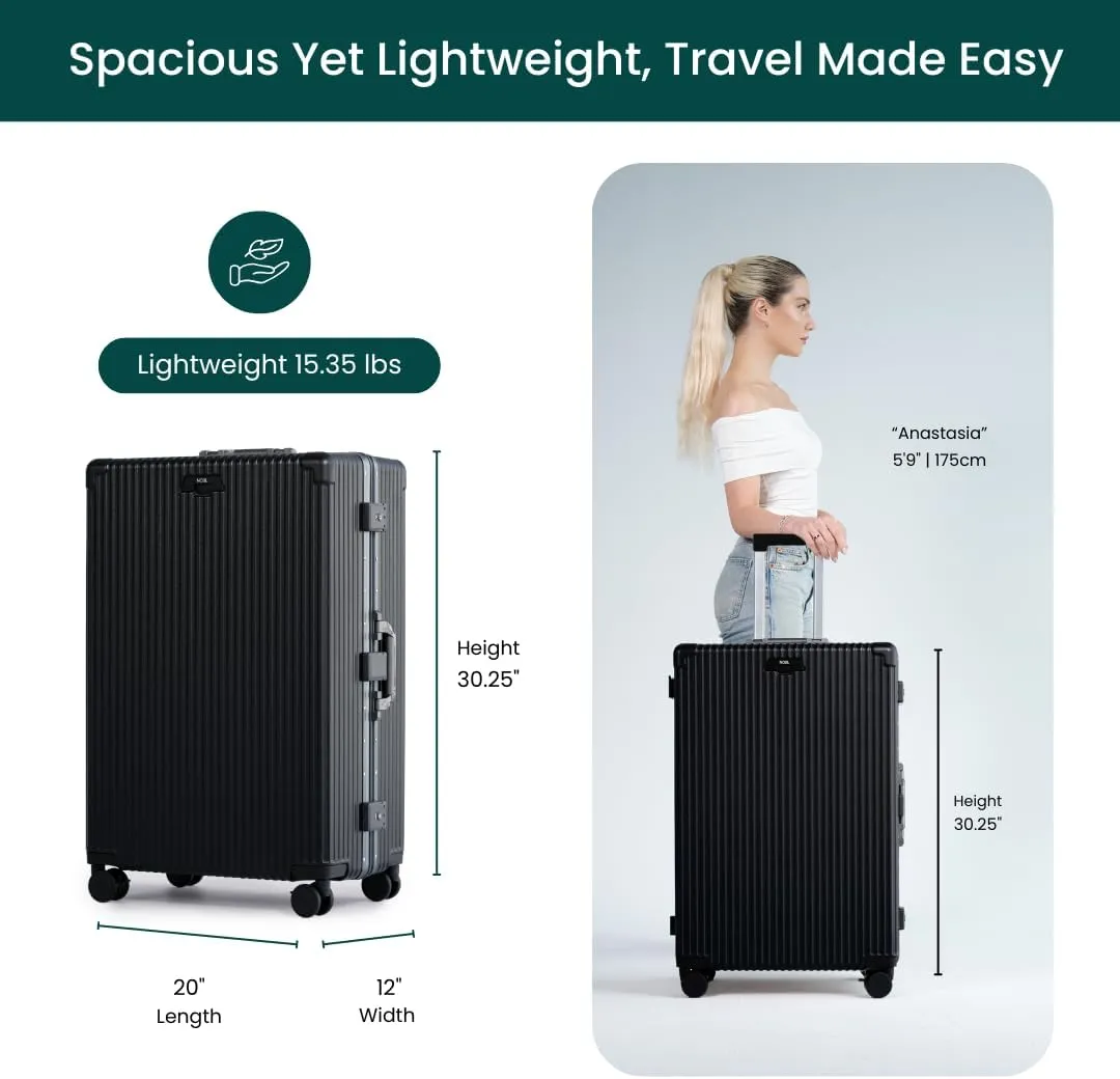 Nobl Travel Zipperless Check In Suitcase - Aluminum Frame, Check In luggage 30.25x20x12 Airline Approved by Noble Travel - Unbreakable Polycarbonate Shell - Dual TSA Locks, 360° Spinner Wheels - Black
