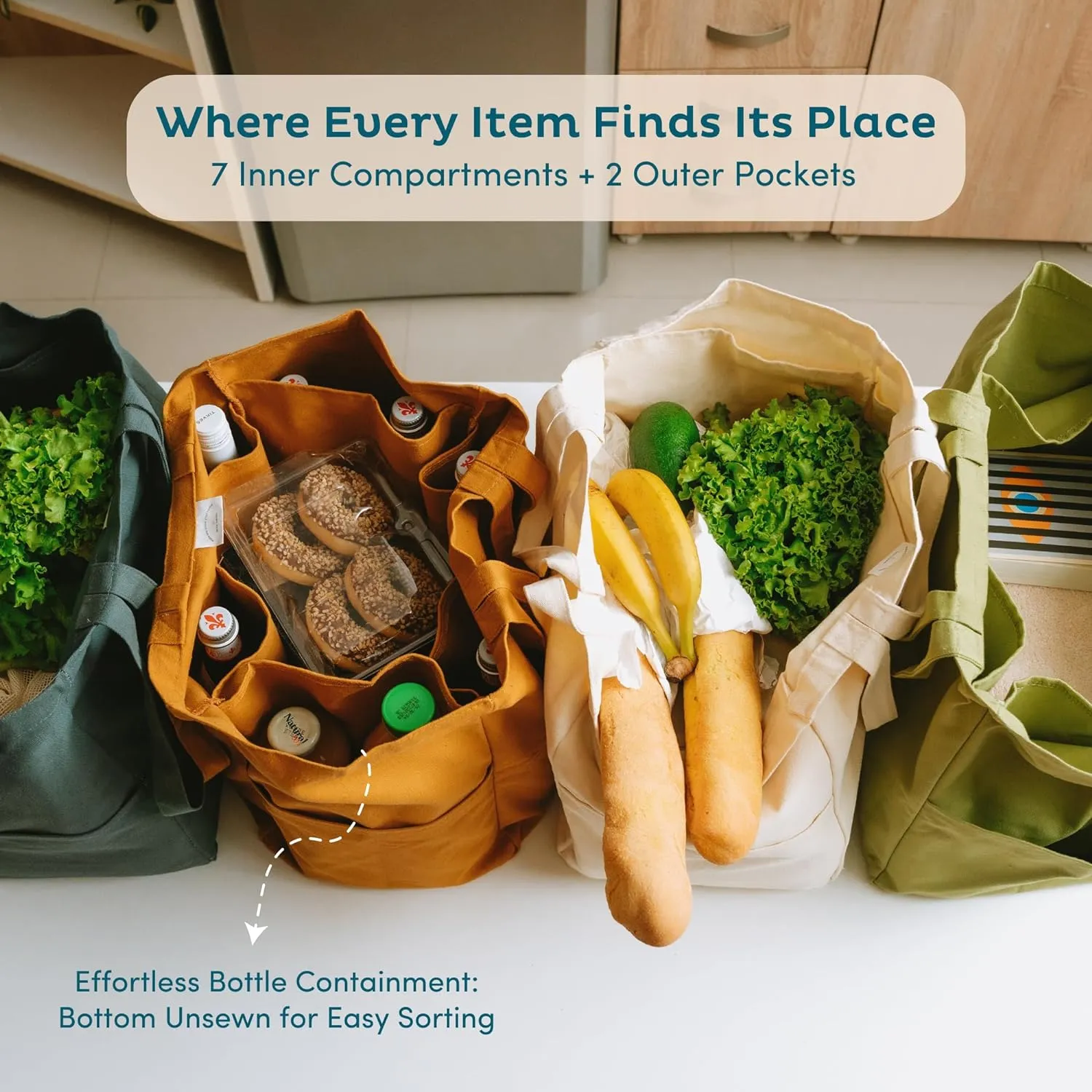 Nook Theory 3 Pcs Reusable Grocery Bags - Heavy Duty Canvas Bags, Large Reusable Shopping Bag, Picnic, 100% Cotton (Caramel)