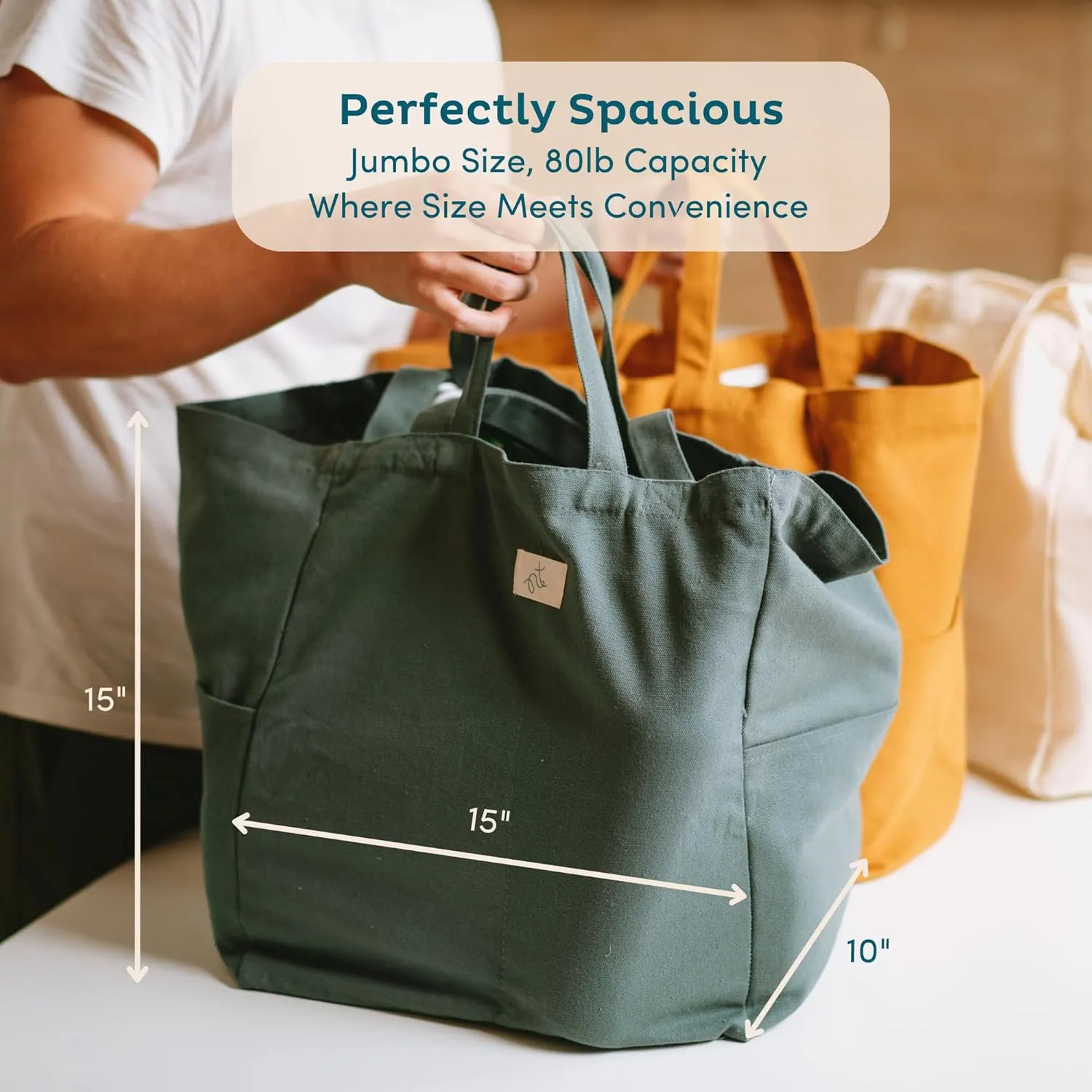 Nook Theory 3 Pcs Reusable Grocery Bags - Heavy Duty Canvas Bags, Large Reusable Shopping Bag, Picnic, 100% Cotton (Caramel)