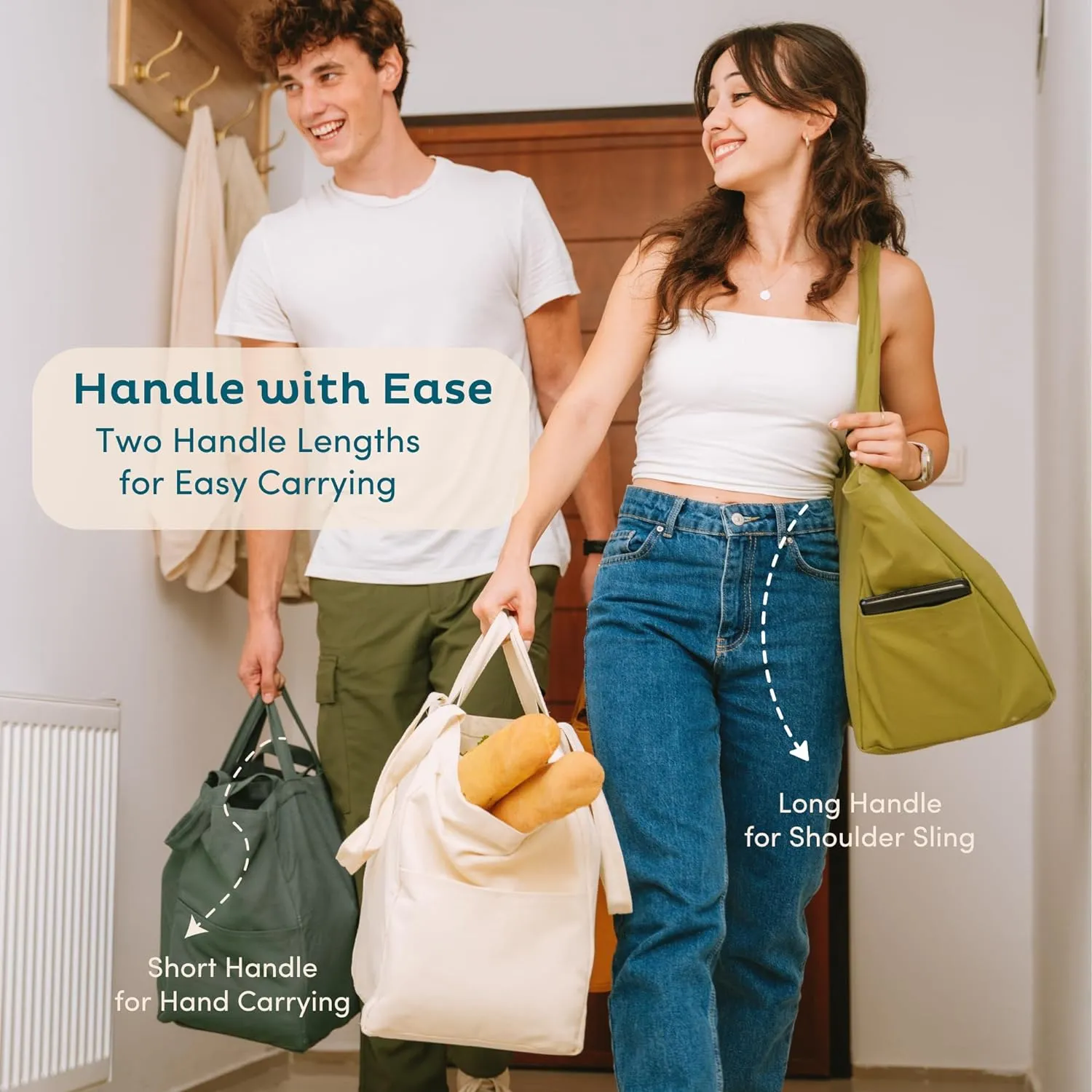 Nook Theory 3 Pcs Reusable Grocery Bags - Heavy Duty Canvas Bags, Large Reusable Shopping Bag, Picnic, 100% Cotton (Caramel)