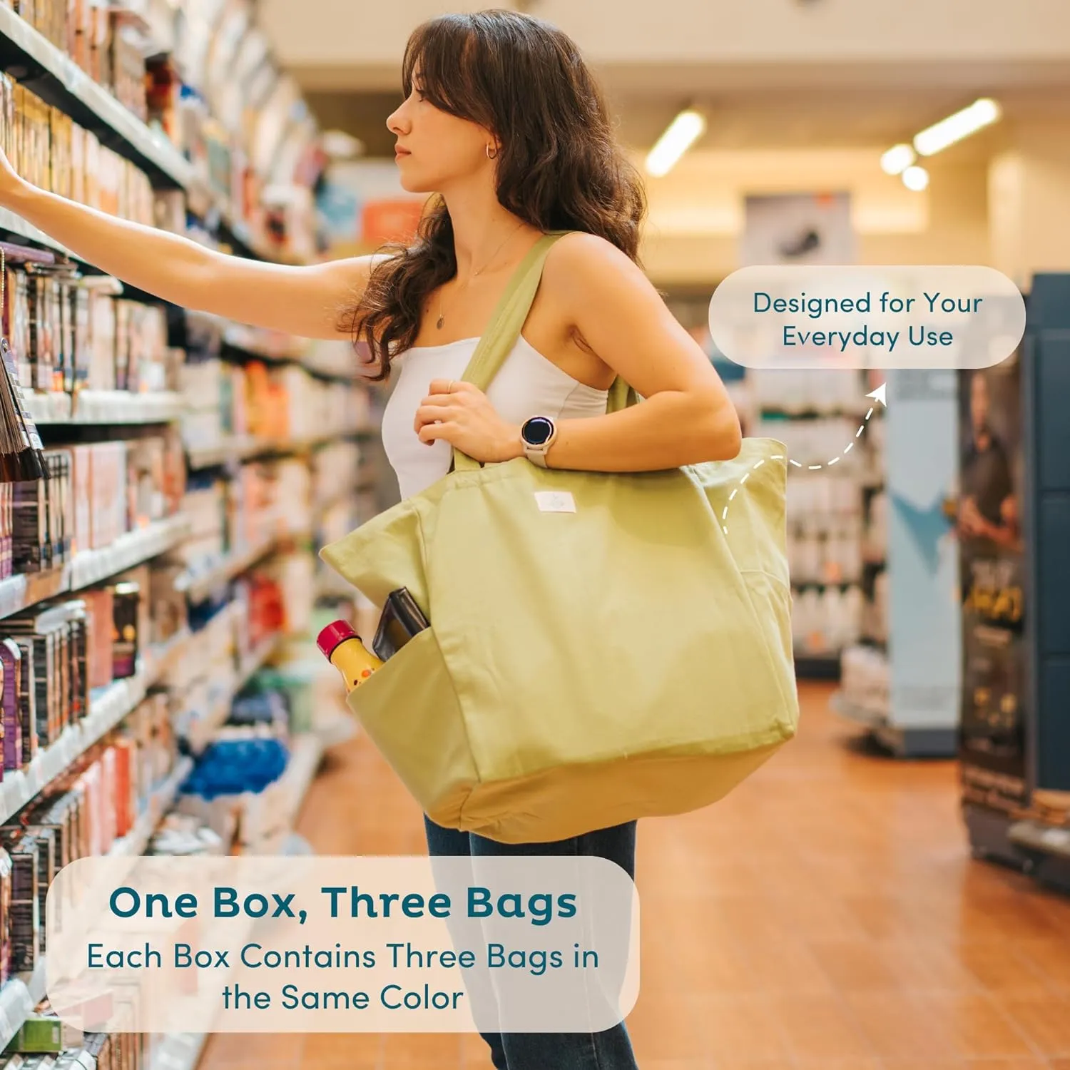 Nook Theory 3 Pcs Reusable Grocery Bags - Heavy Duty Canvas Bags, Large Reusable Shopping Bag, Picnic, 100% Cotton (Caramel)