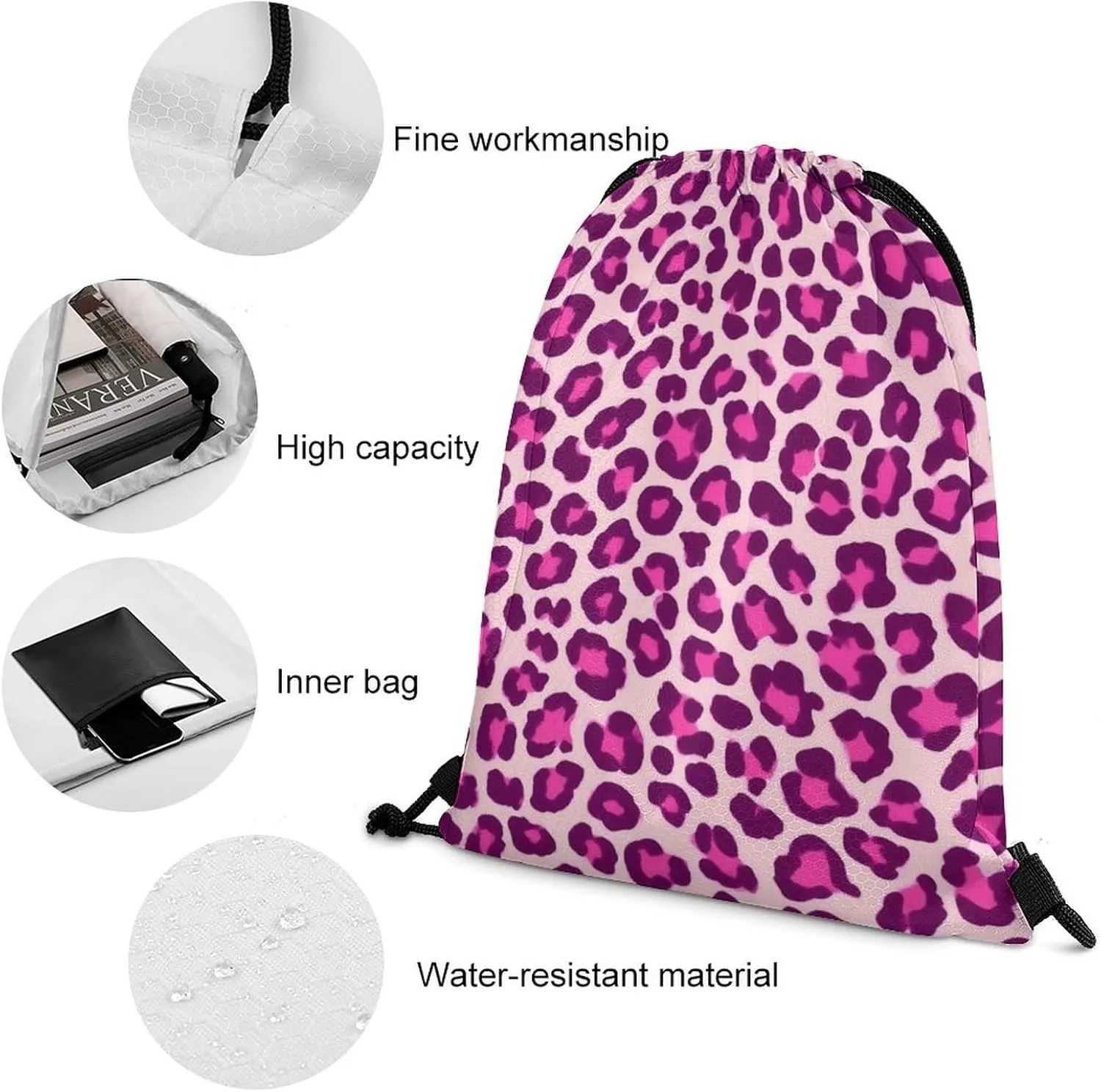 Novelty Handbag Shoulder Bag, Large Capacity Cheetah Leopard Print Floral Pink Lightweight Portable Backpack for Travel, Waterproof Sack Bags Drawstring Bags