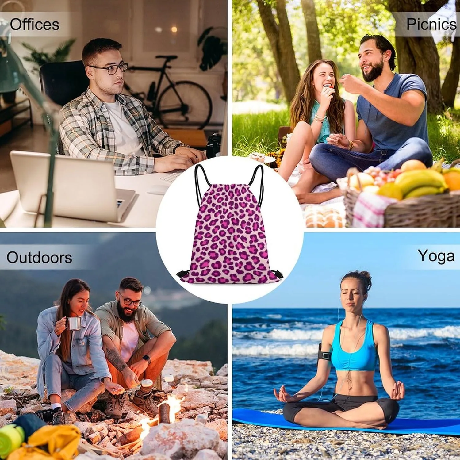 Novelty Handbag Shoulder Bag, Large Capacity Cheetah Leopard Print Floral Pink Lightweight Portable Backpack for Travel, Waterproof Sack Bags Drawstring Bags