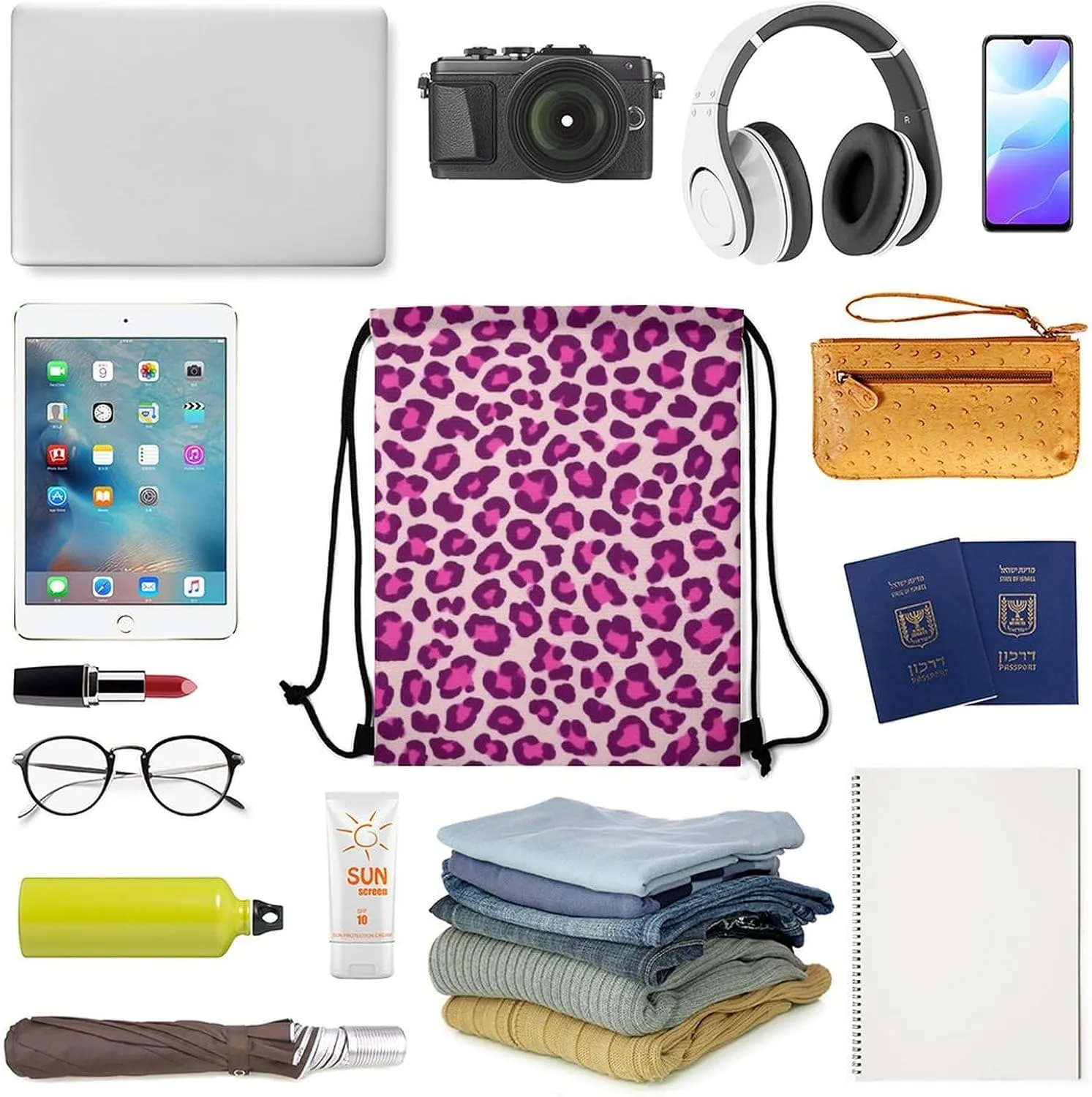 Novelty Handbag Shoulder Bag, Large Capacity Cheetah Leopard Print Floral Pink Lightweight Portable Backpack for Travel, Waterproof Sack Bags Drawstring Bags