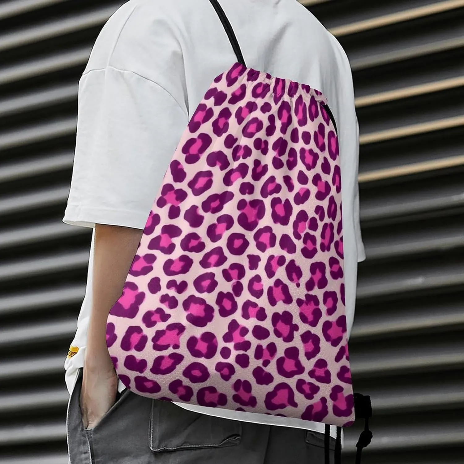 Novelty Handbag Shoulder Bag, Large Capacity Cheetah Leopard Print Floral Pink Lightweight Portable Backpack for Travel, Waterproof Sack Bags Drawstring Bags